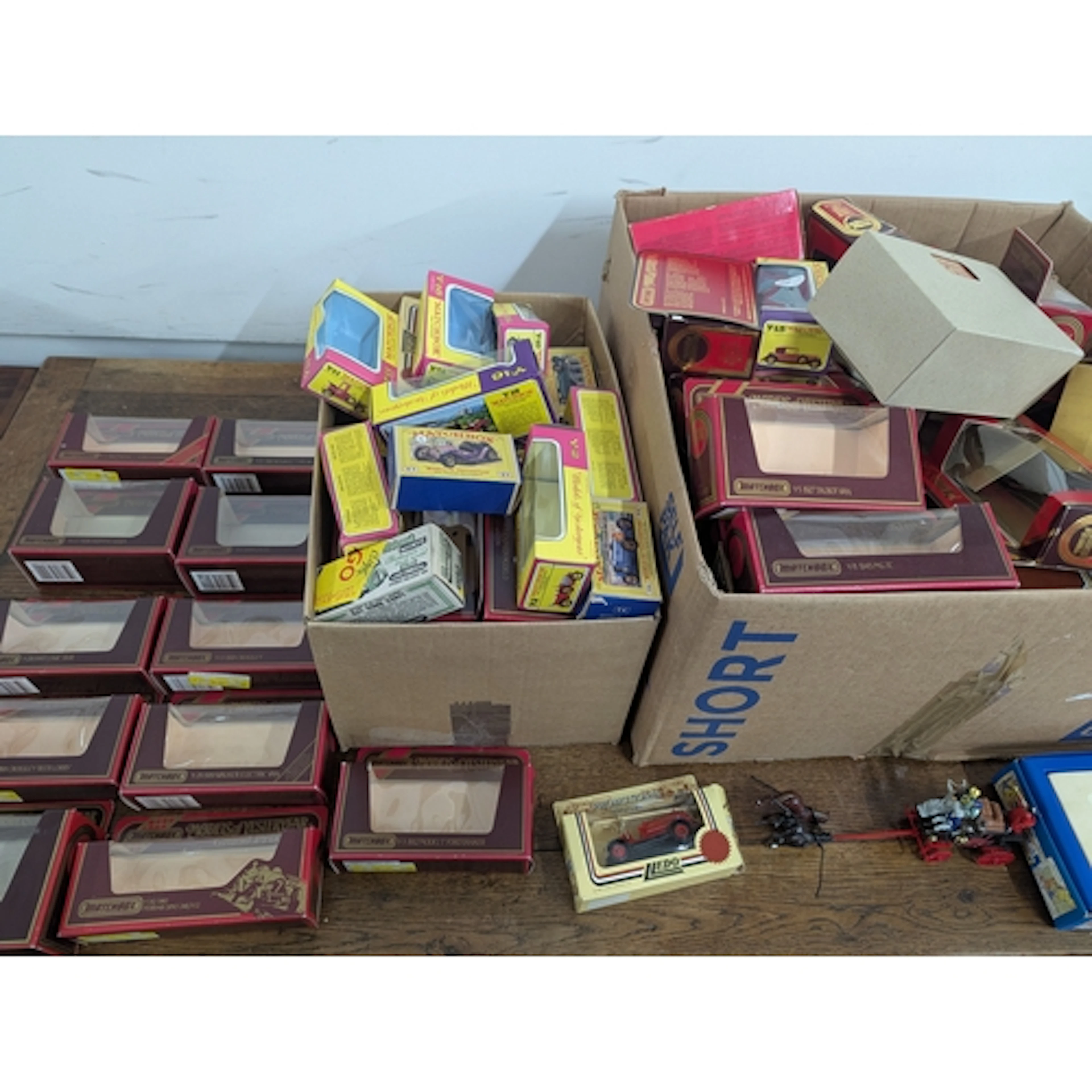 A collection of diecast model vehicle empty boxes mainly Mat...