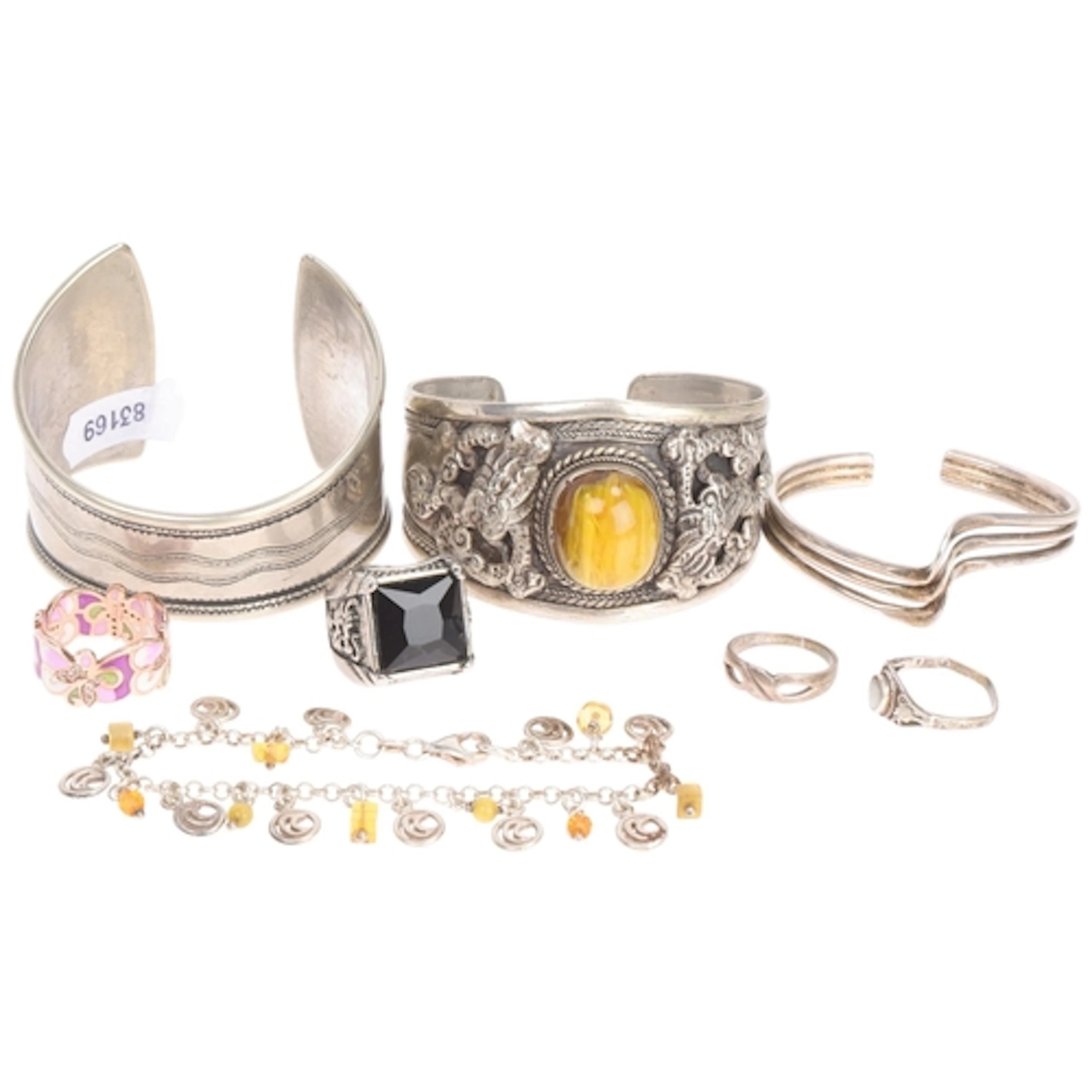 Various silver jewellery, including cuff bangles, enamel ban...