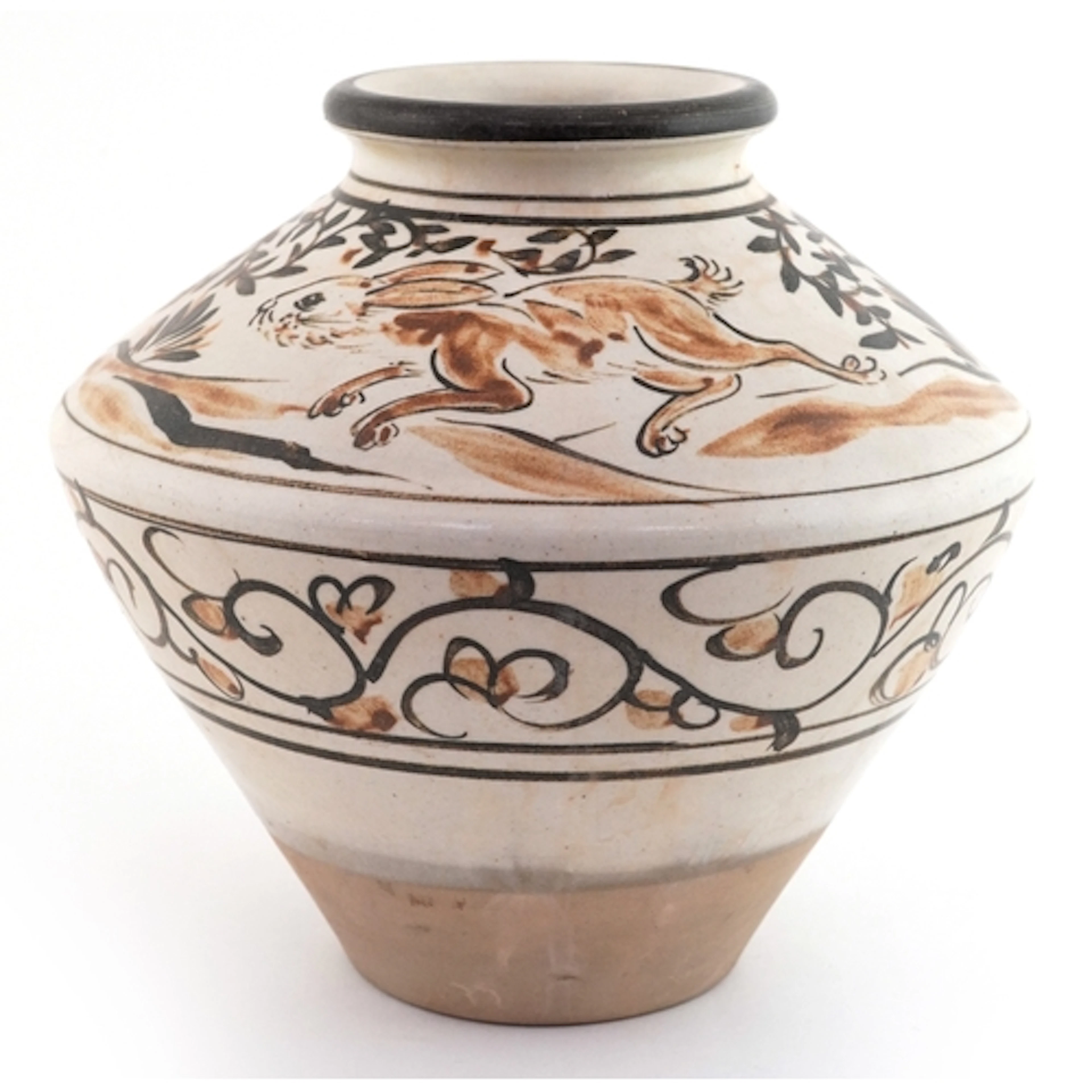 Chinese Cizhou style earthenware jar hand painted in brown w...