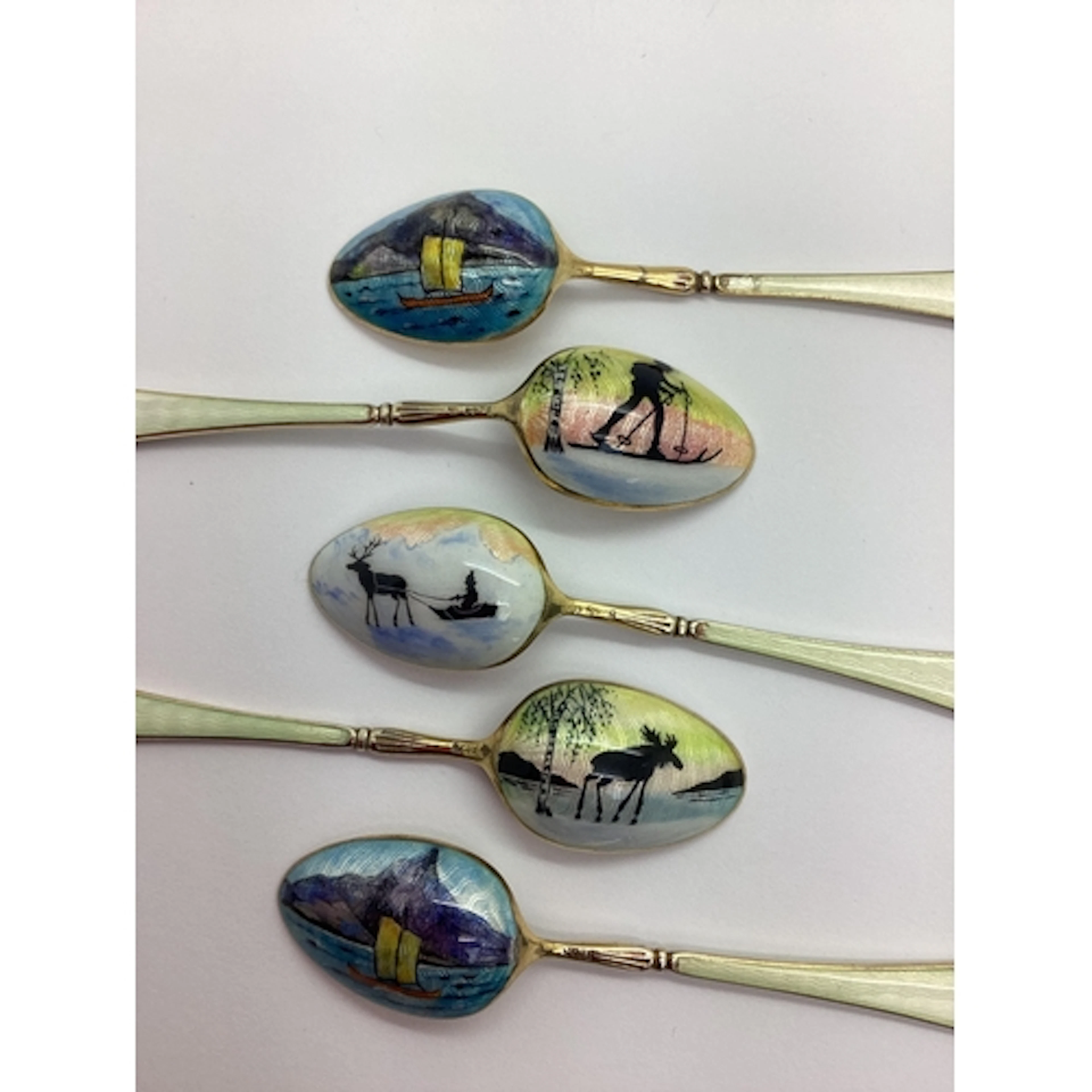 A Set of Five Scandinavian Harlequin Enamel Demitasse Spoons...
