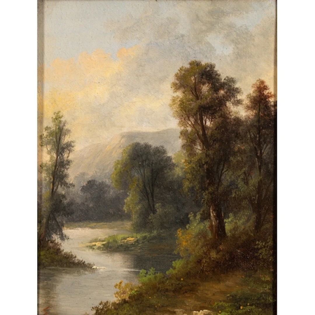19th Century British school - River and bank with trees - ...