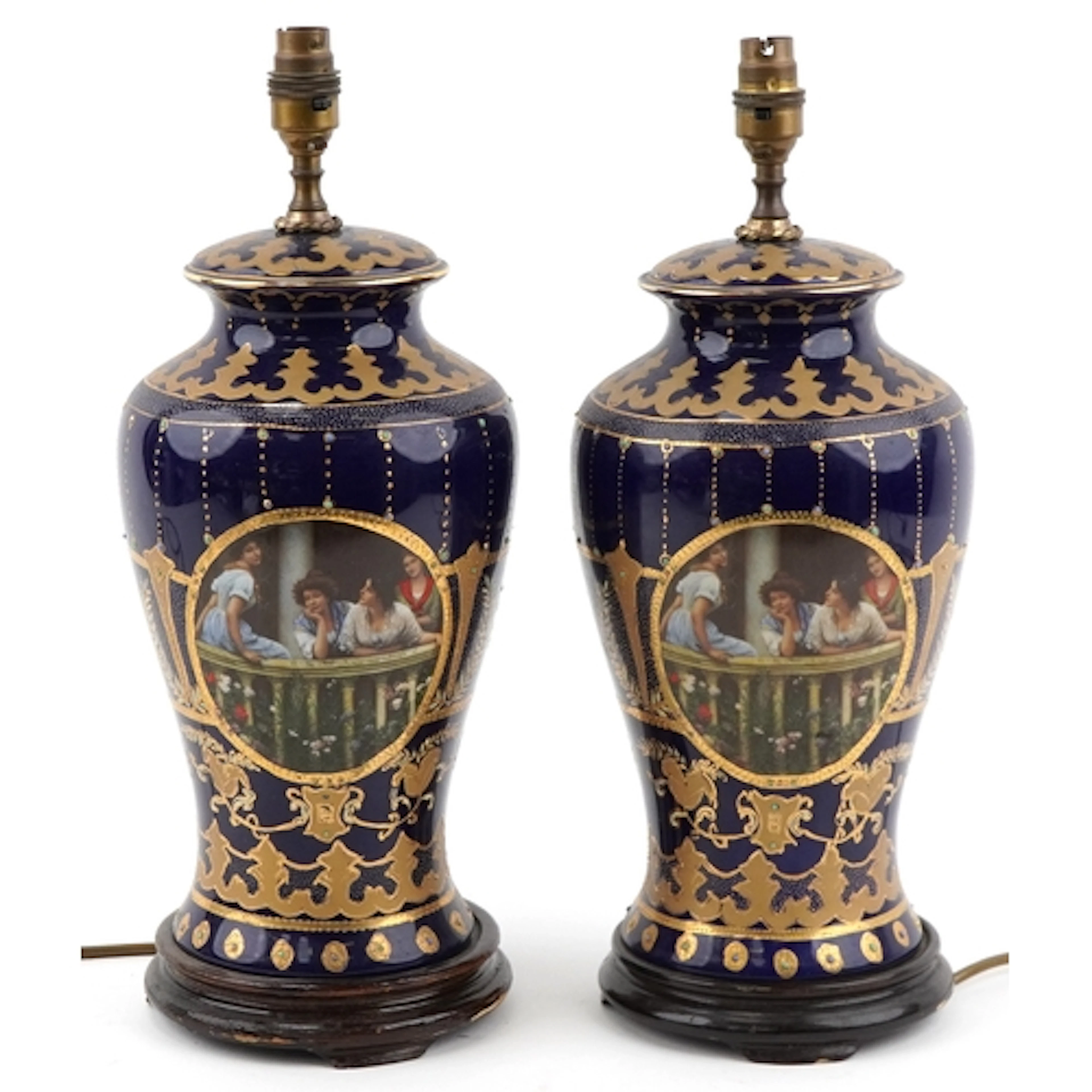 Pair of Royal Vienna style blue glazed porcelain table lamps...
