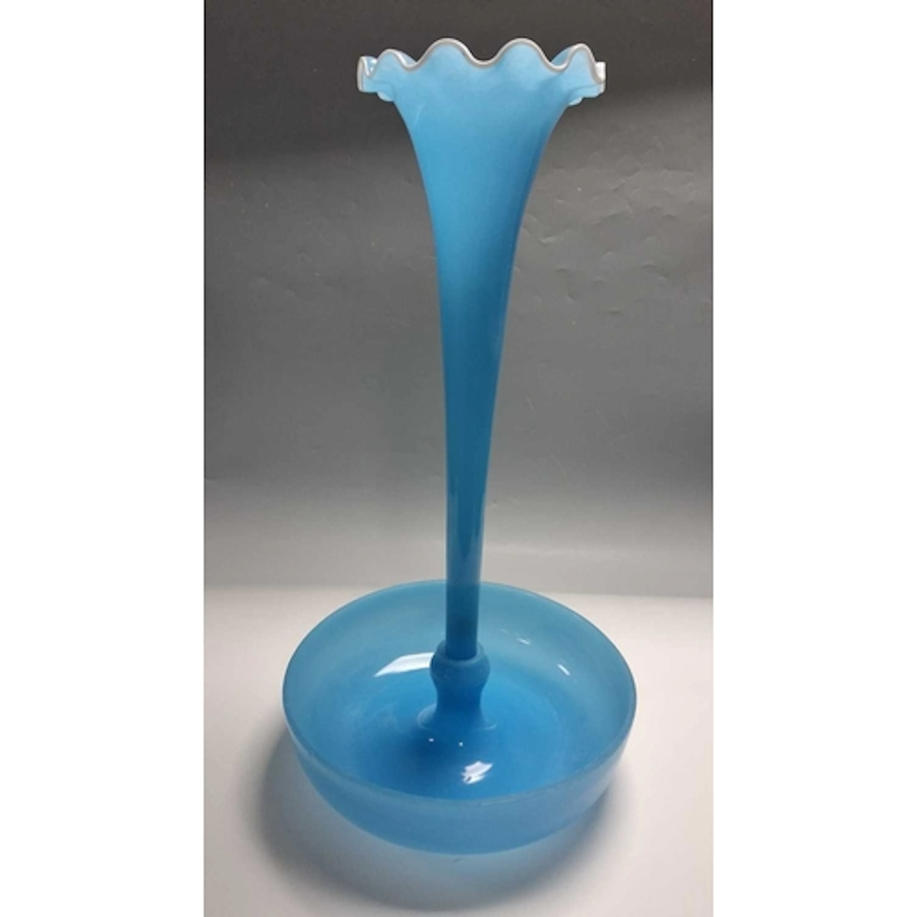 A LARGE SINGLE TRUMPET EPERGNE, in mid blue glass with tiny ...