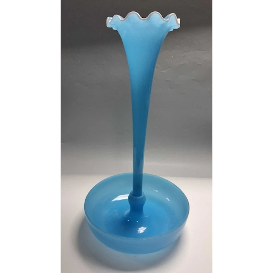 A LARGE SINGLE TRUMPET EPERGNE, in mid blue glass with tiny ...