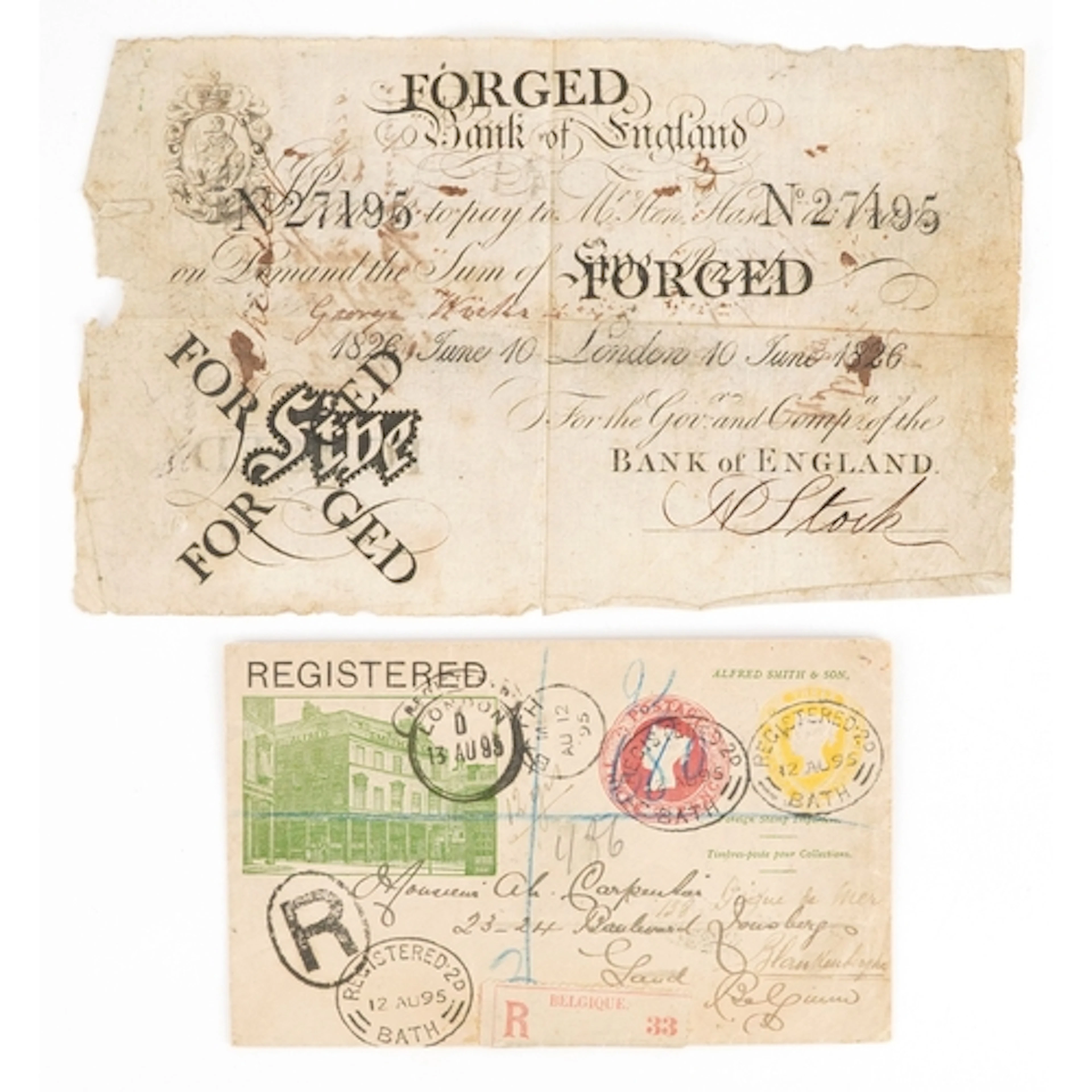 Early 19th century Bank of England counterfeit white five po...