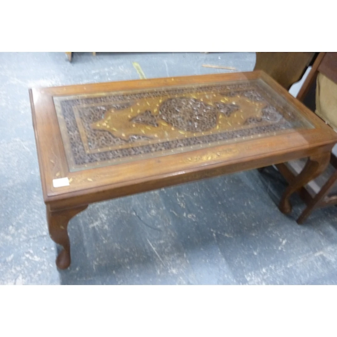 Brass inlaid rectangular coffee table with glass top.