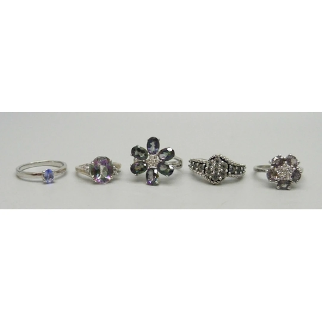 A collection of five TGGC and other gemstone rings, 17g tota...