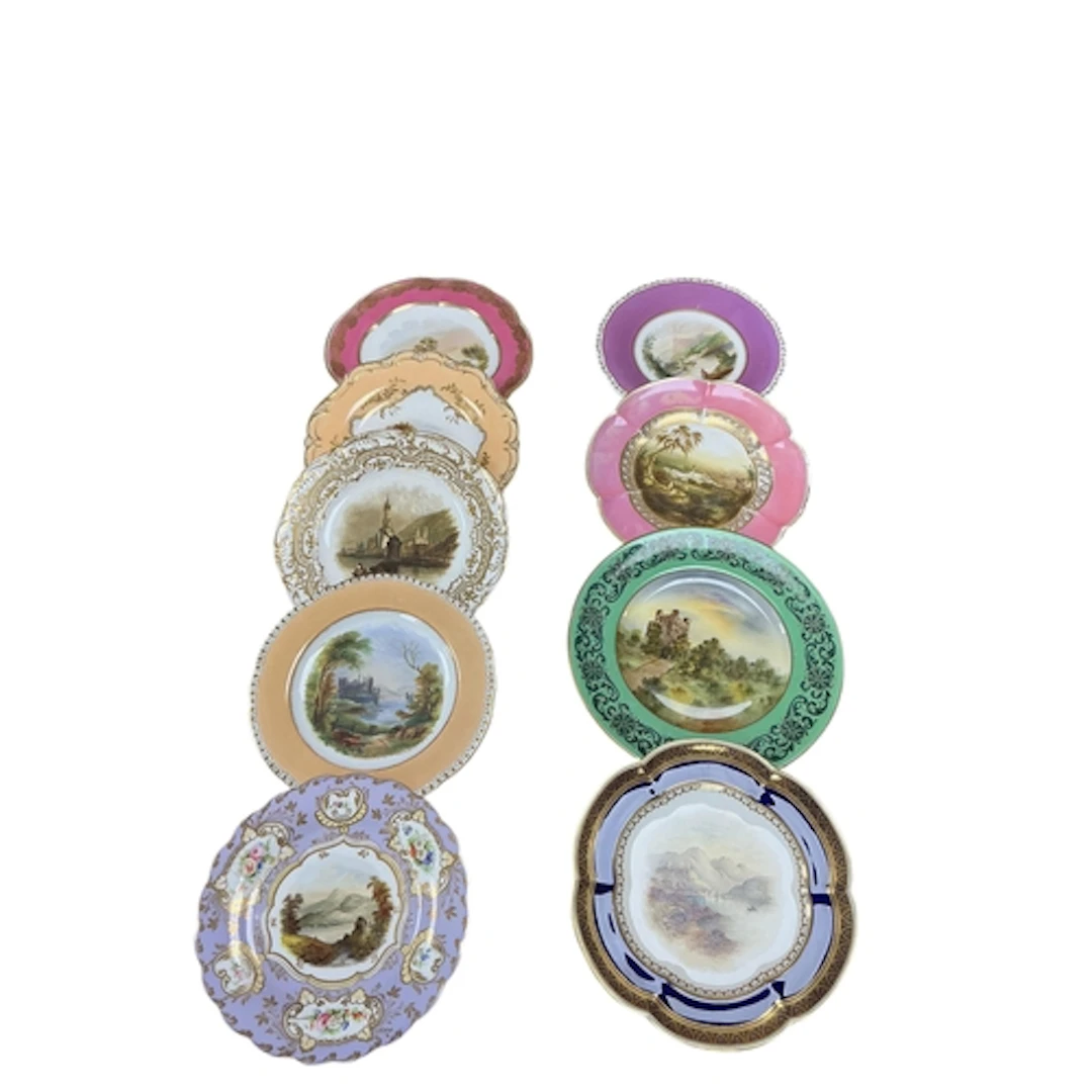 Nine English porcelain topographical painted plates, 19th - ...