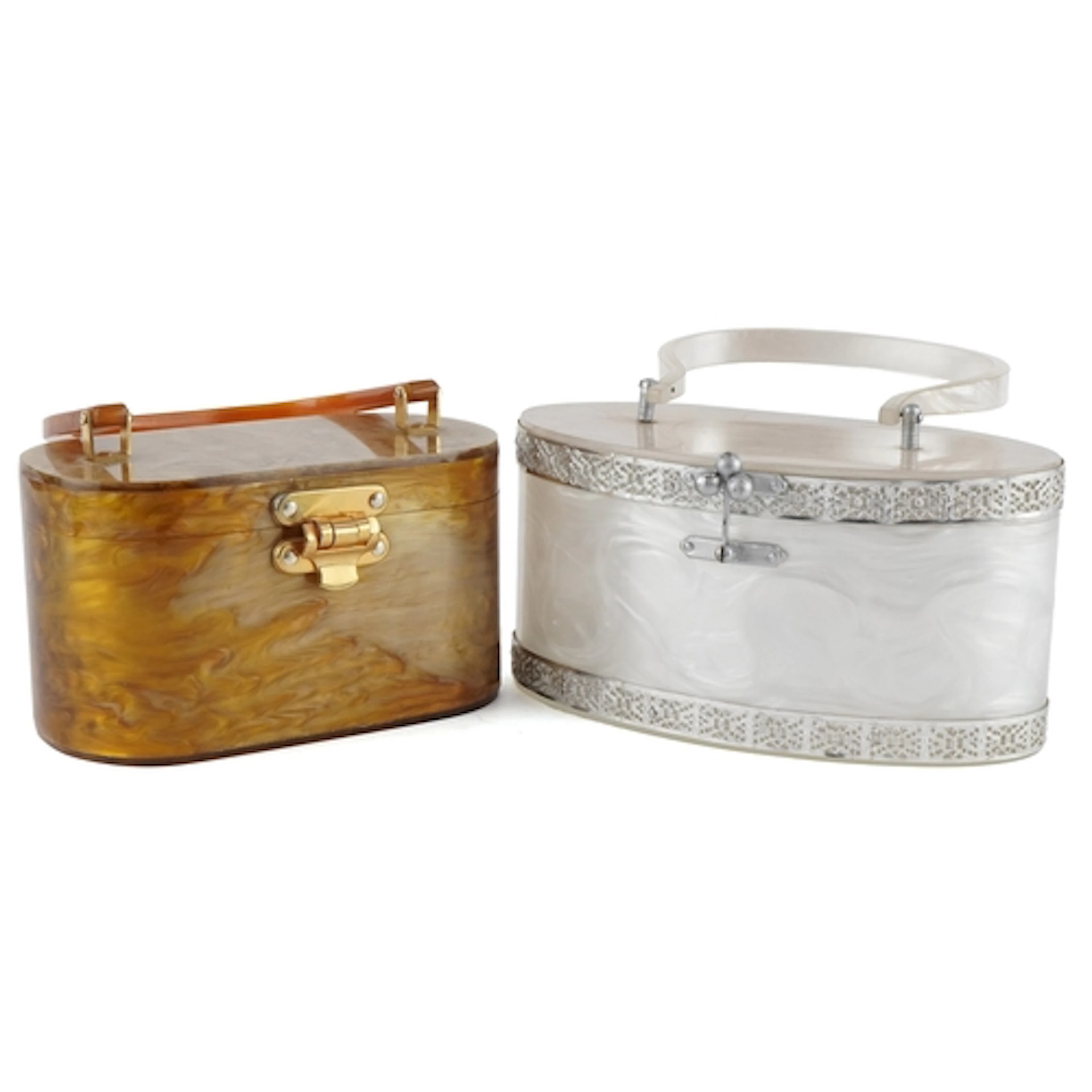 Two mid century marbled Lucite handbag boxes, the largest 10...