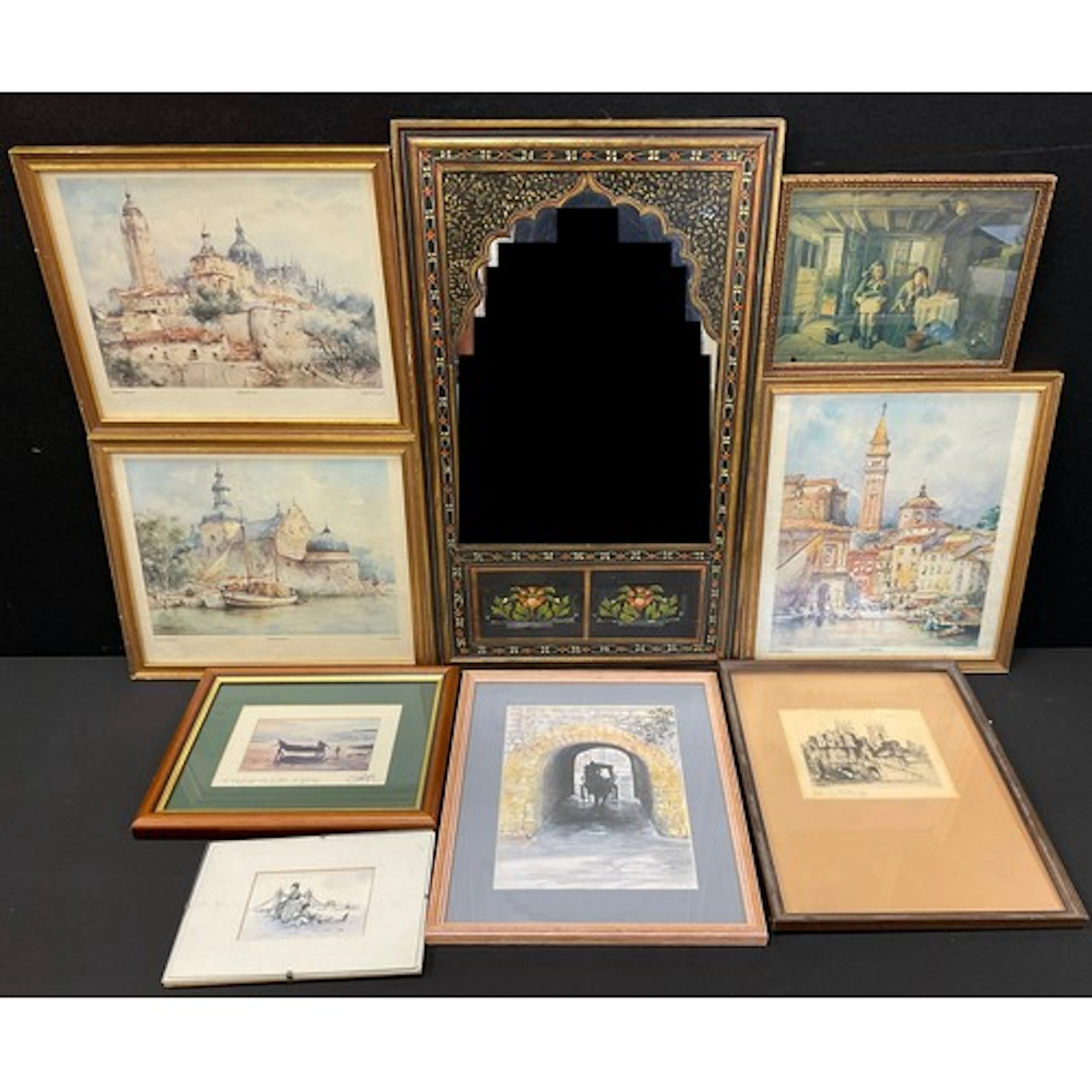 A Persian or Moroccan painted wooden framed wall mirror; An...