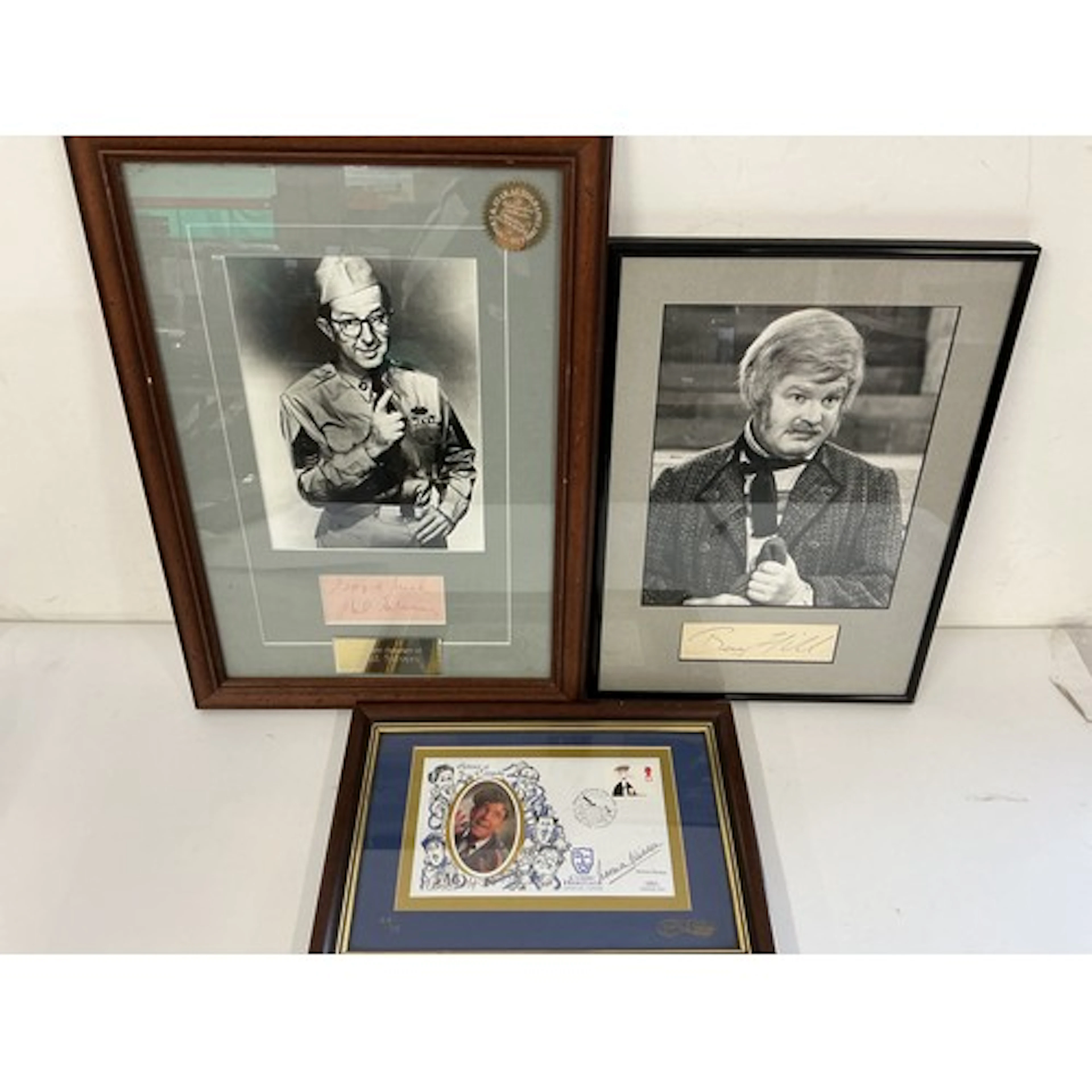 Three framed autographs comprising Benny Hill, Phil Silvers ...