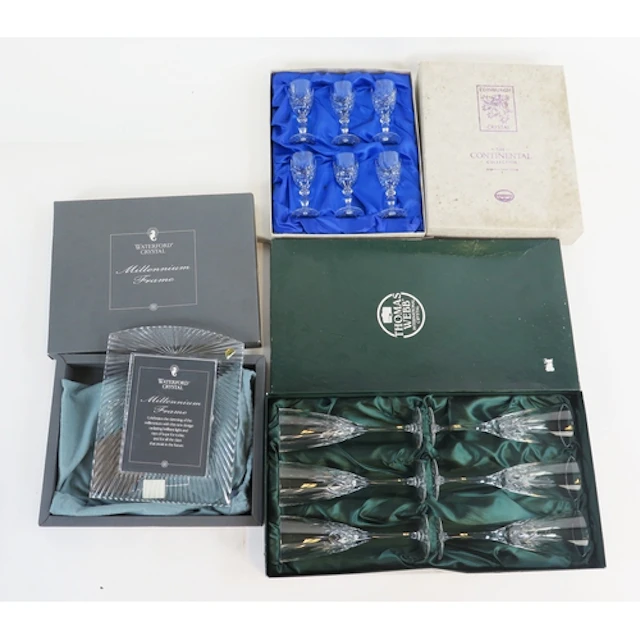 Six Thomas Webb champagne flutes, Edinburgh crystal tots, an...