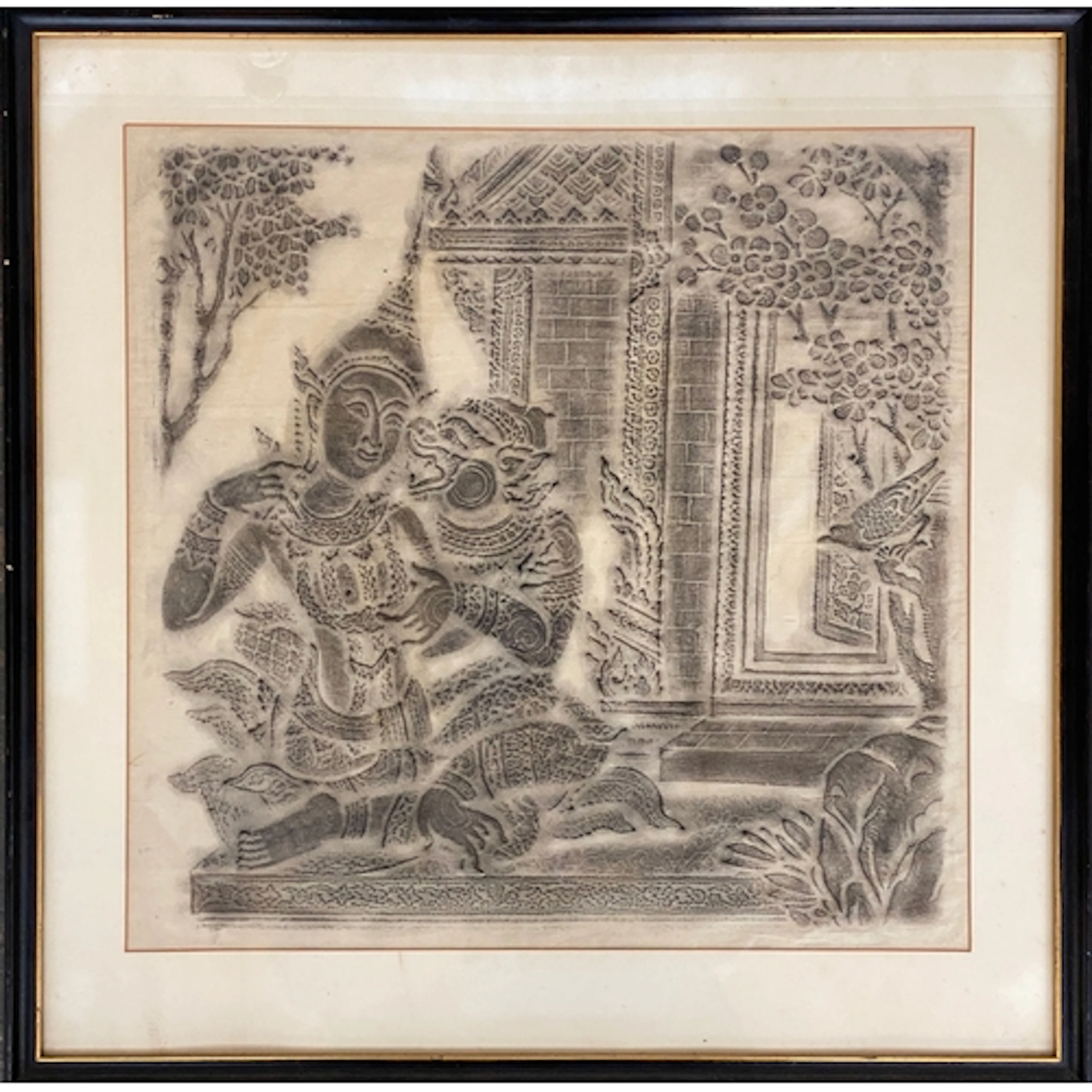 A Thai temple rubbing depicting Hanuman making love to Butsa...