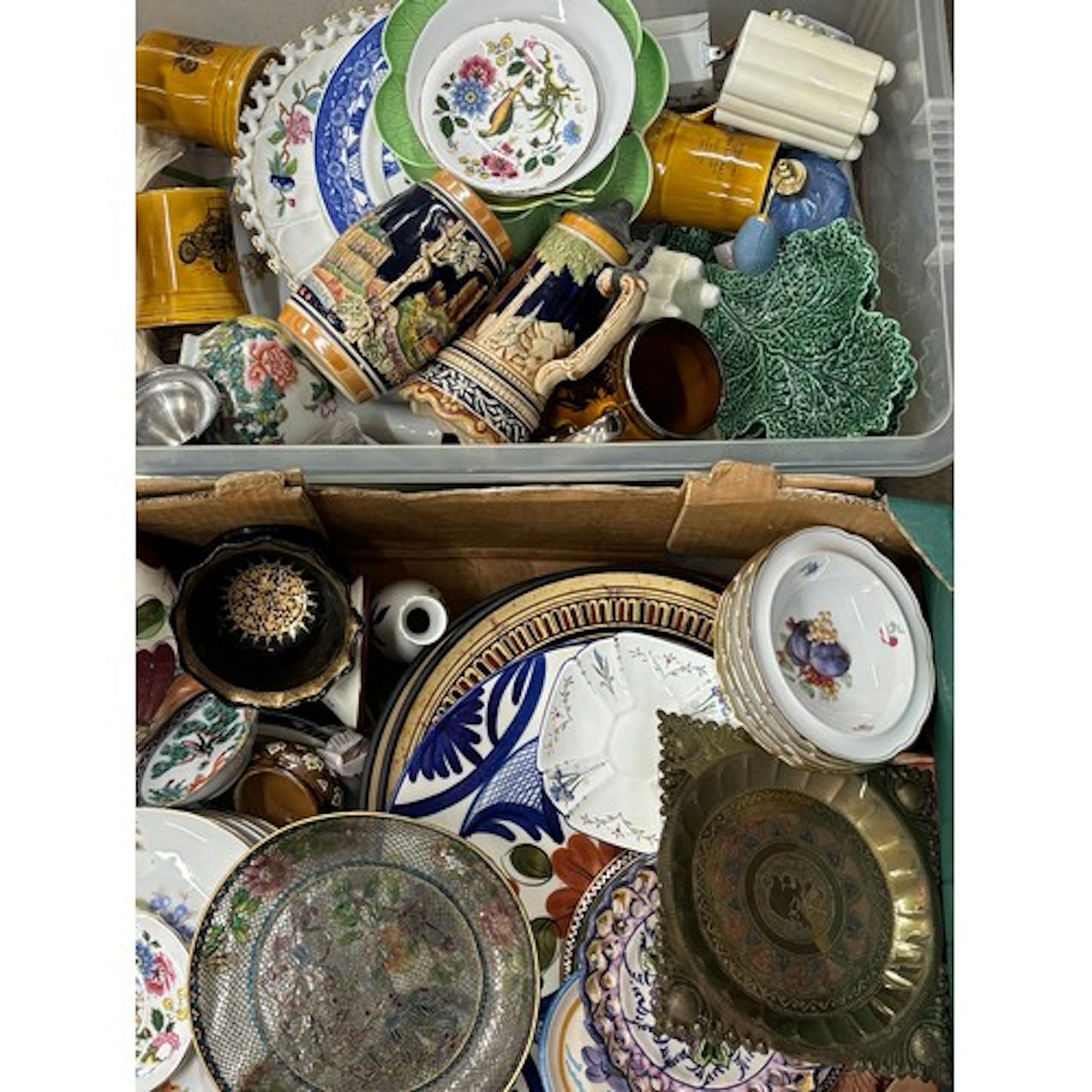 Two boxes of assorted china to include Wade tankards, De Lim...