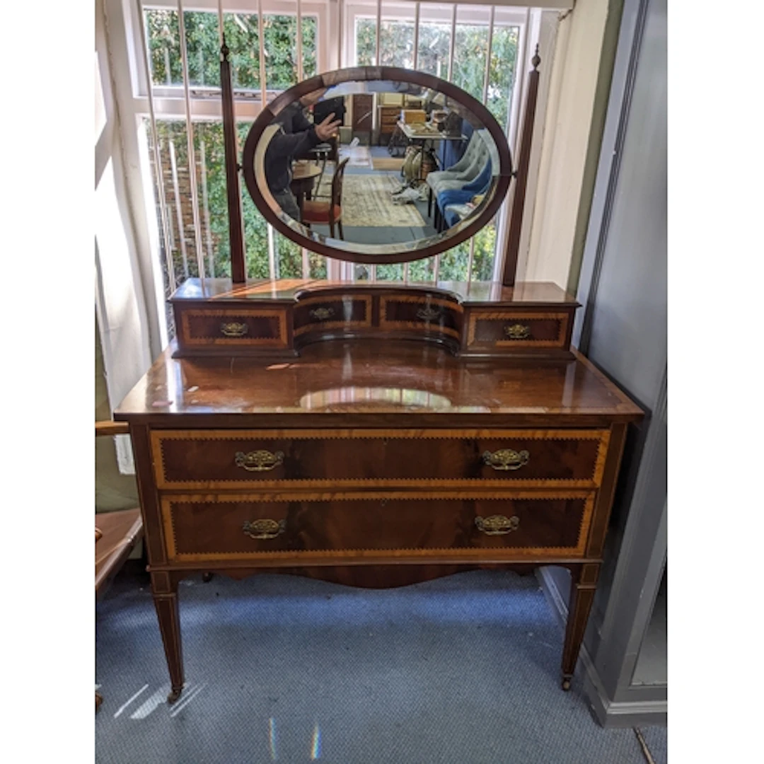 Edwardian inlaid mahogany dressing chest, oval swing mirror ...