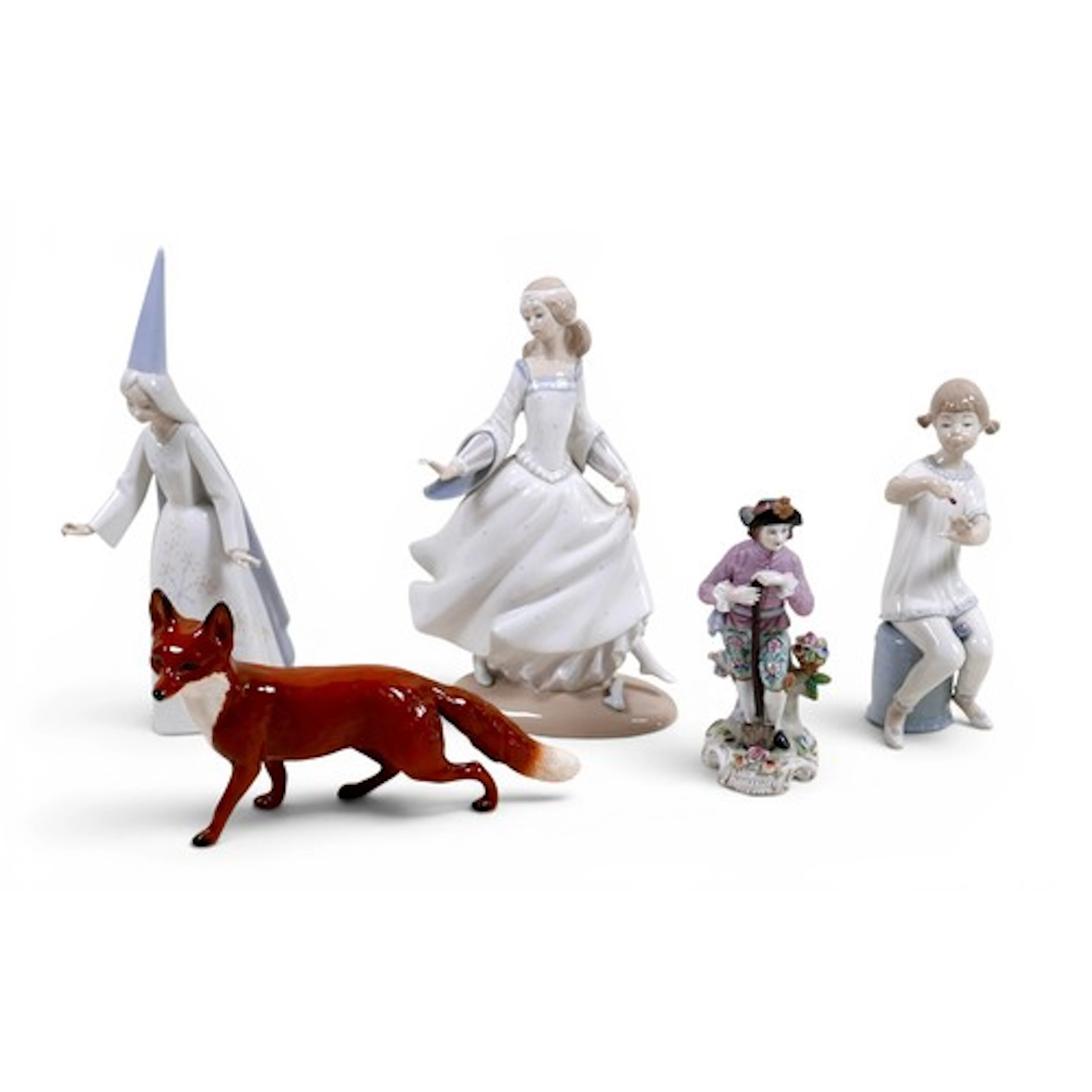 A group of five ceramic figures, comprising Beswick fox, 23c...