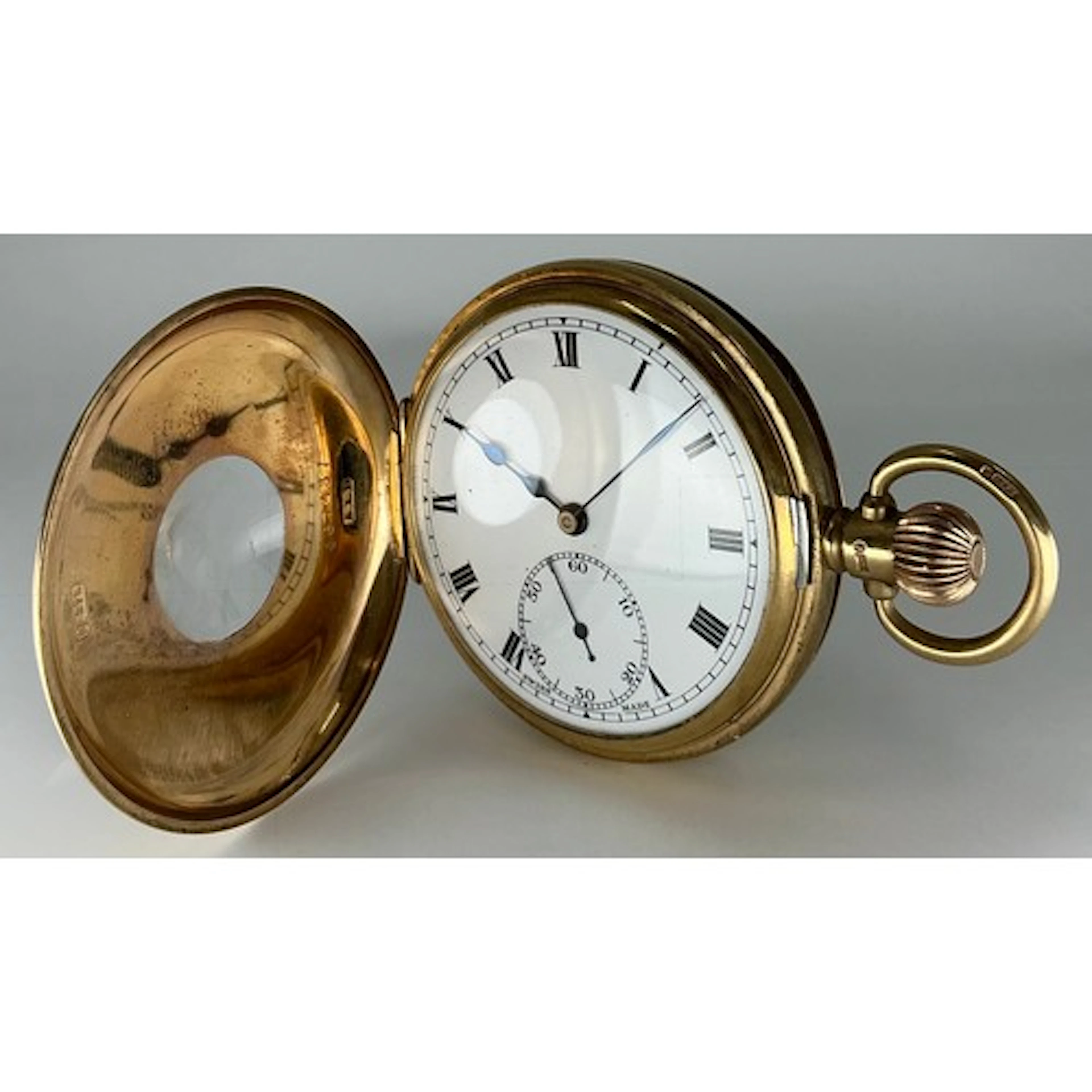 A George VI 9ct gold half hunter pocket watch, white enamel ...