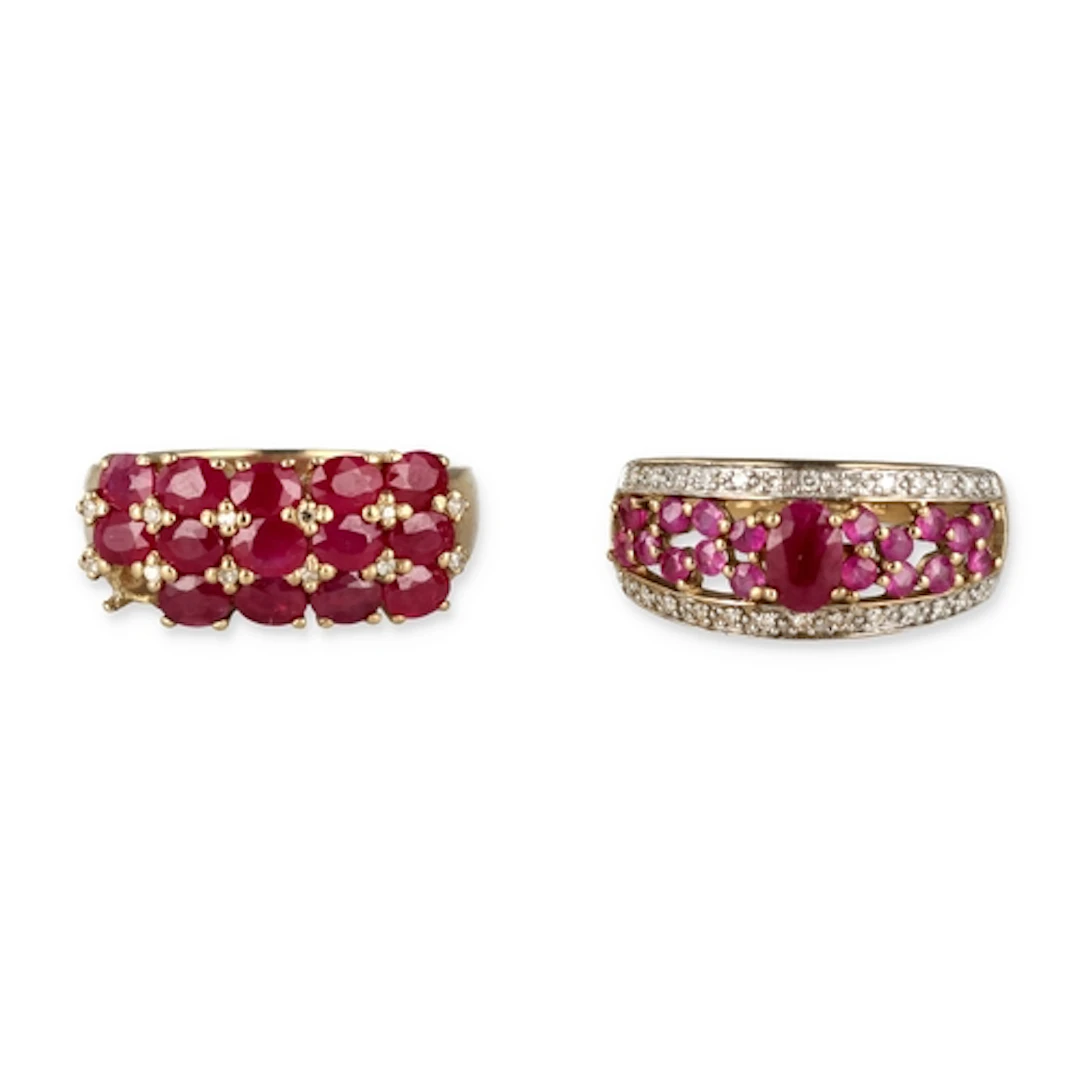 TWO 9CT GOLD RUBY CLUSTER RINGS Gross weight: 7.8gms ...