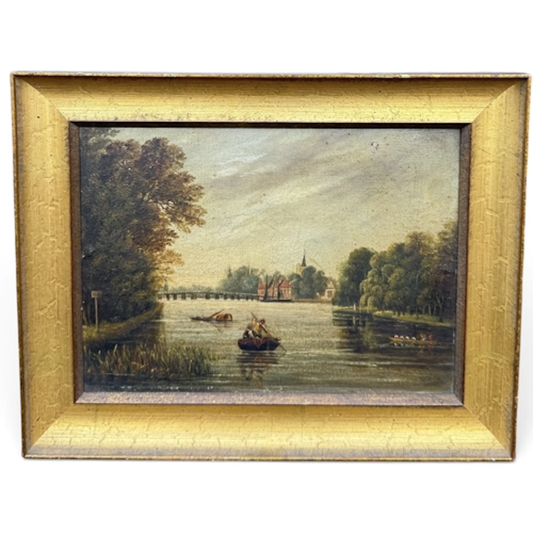 EARLY 19TH CENTURY ENGLISH SCHOOL: RIVER LANDSCAPE Oil on pa...