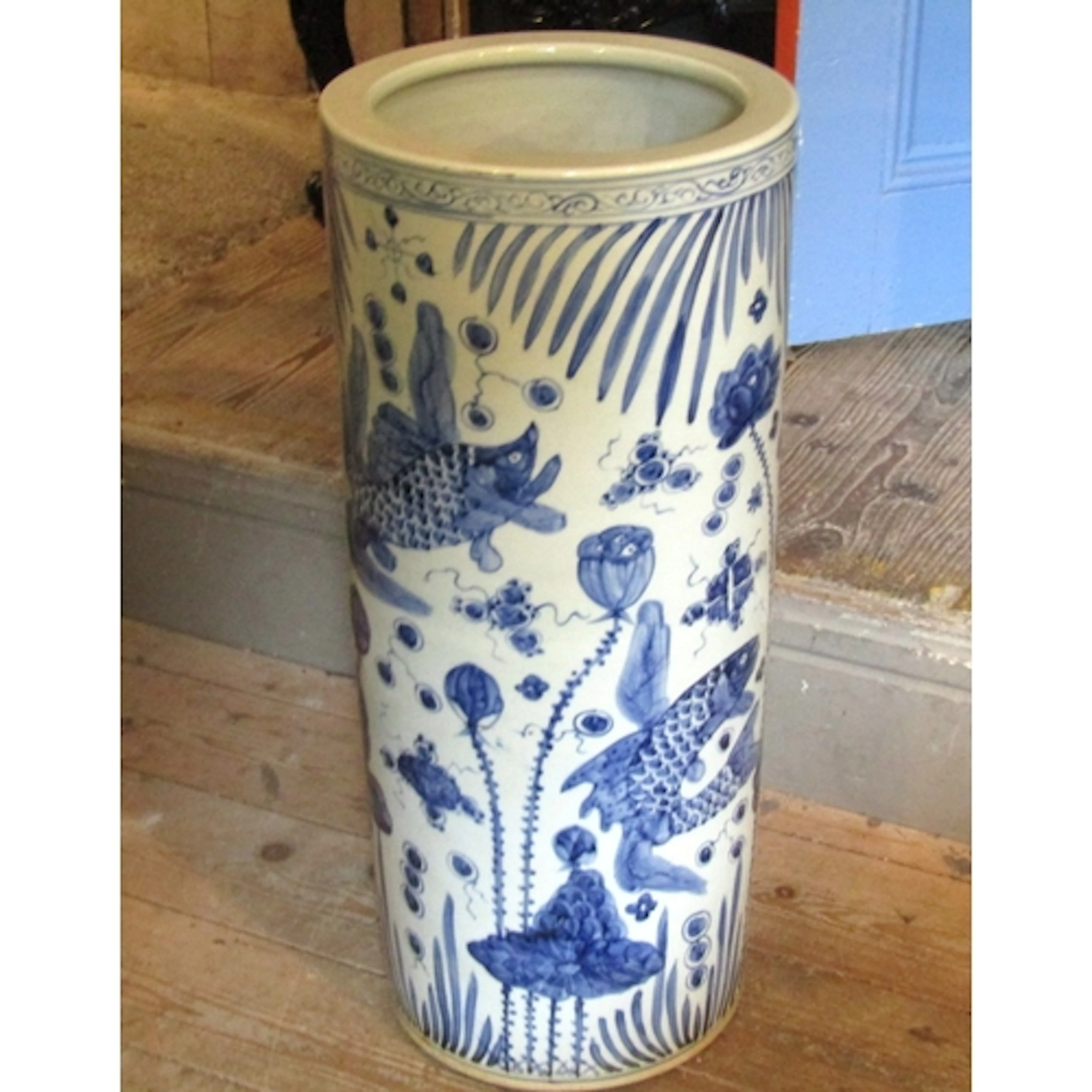 Oriental Blue and White Stick and Umbrella Stand Circular Fo...