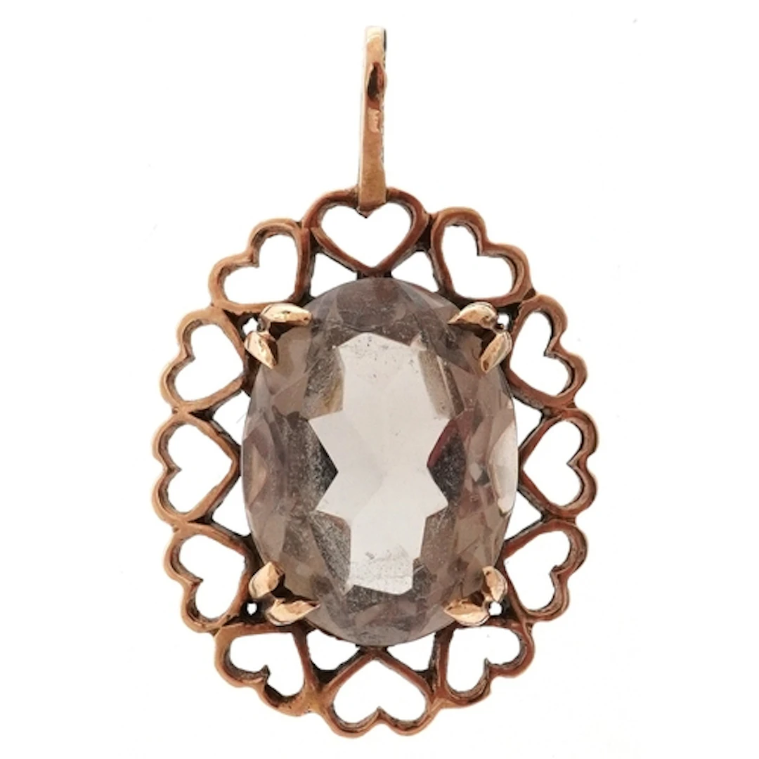 9ct gold smoky quartz pendant with openwork love heart setti...