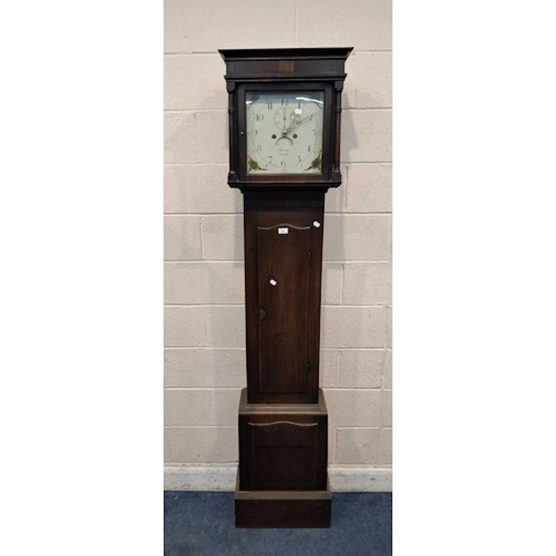 AN OAK CASED 8 DAY LONGCASE CLOCK, the glass door enclosing ...