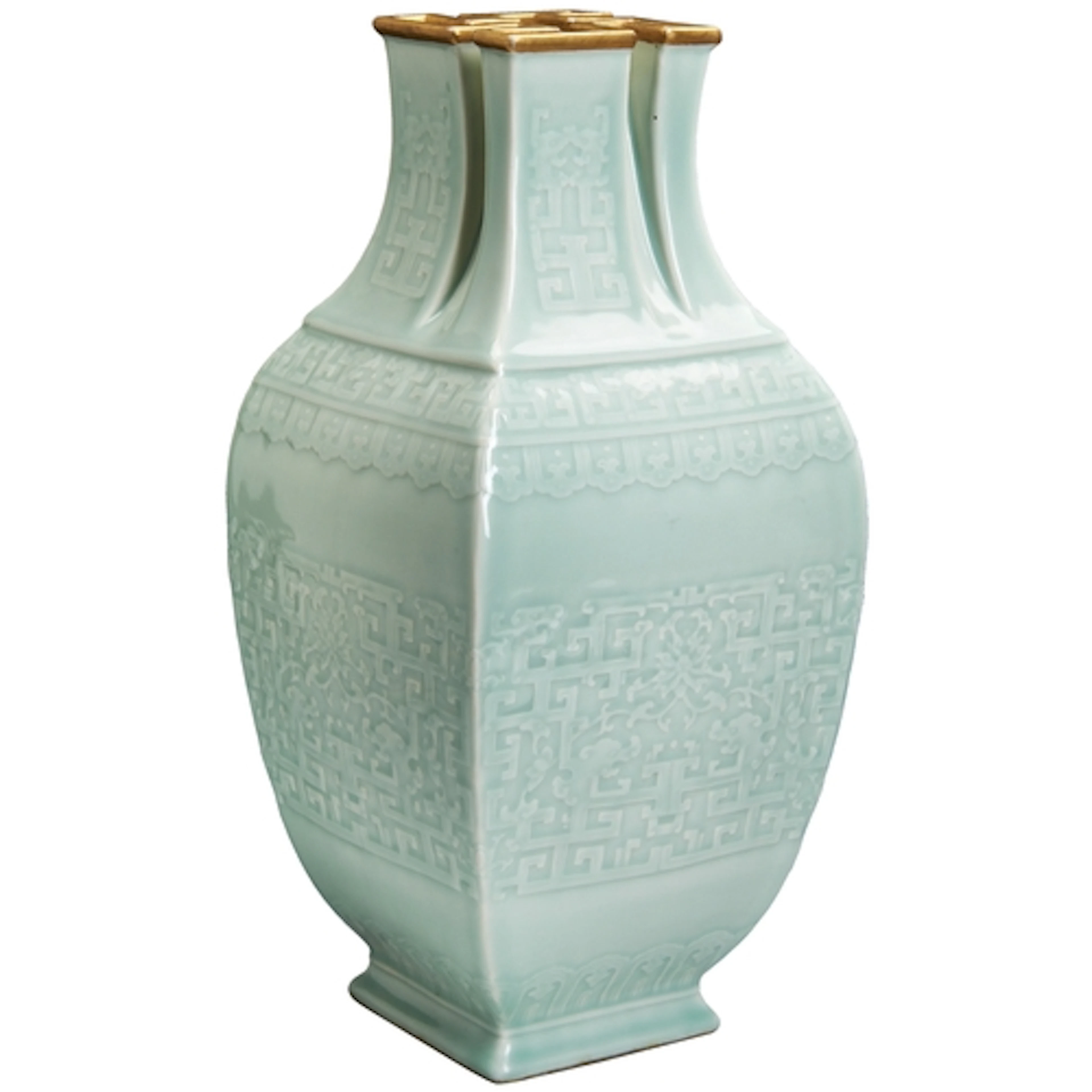 A FINE MOULDED CELADON-GLAZED 'DRAGON' VASES WITH SWASTIKA ...