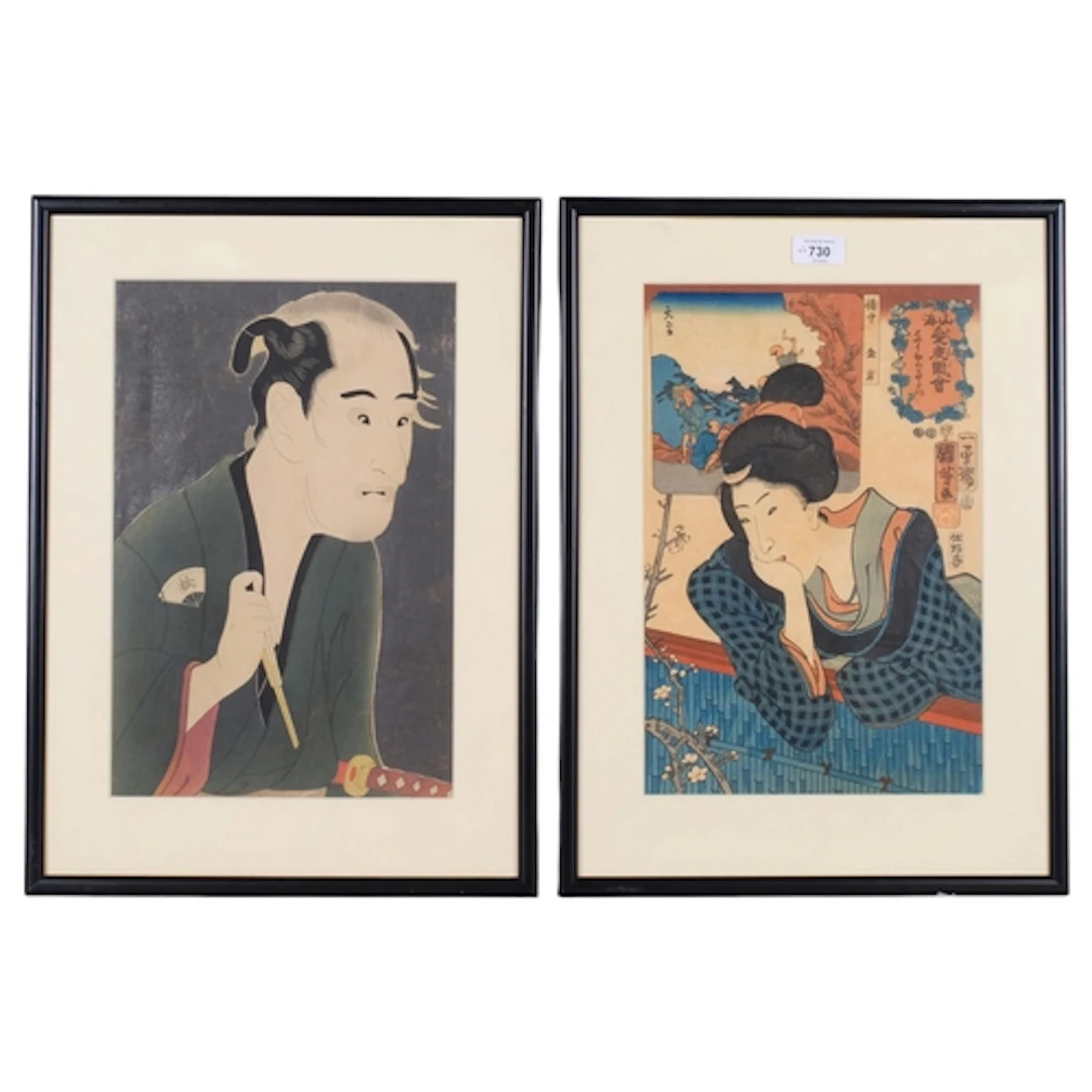 2 Antique Japanese colour woodblock prints, 36cm x 24cm, fra...