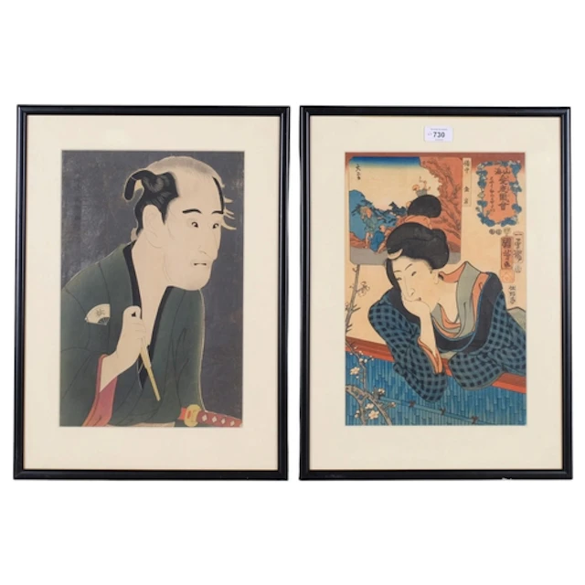 2 Antique Japanese colour woodblock prints, 36cm x 24cm, fra...