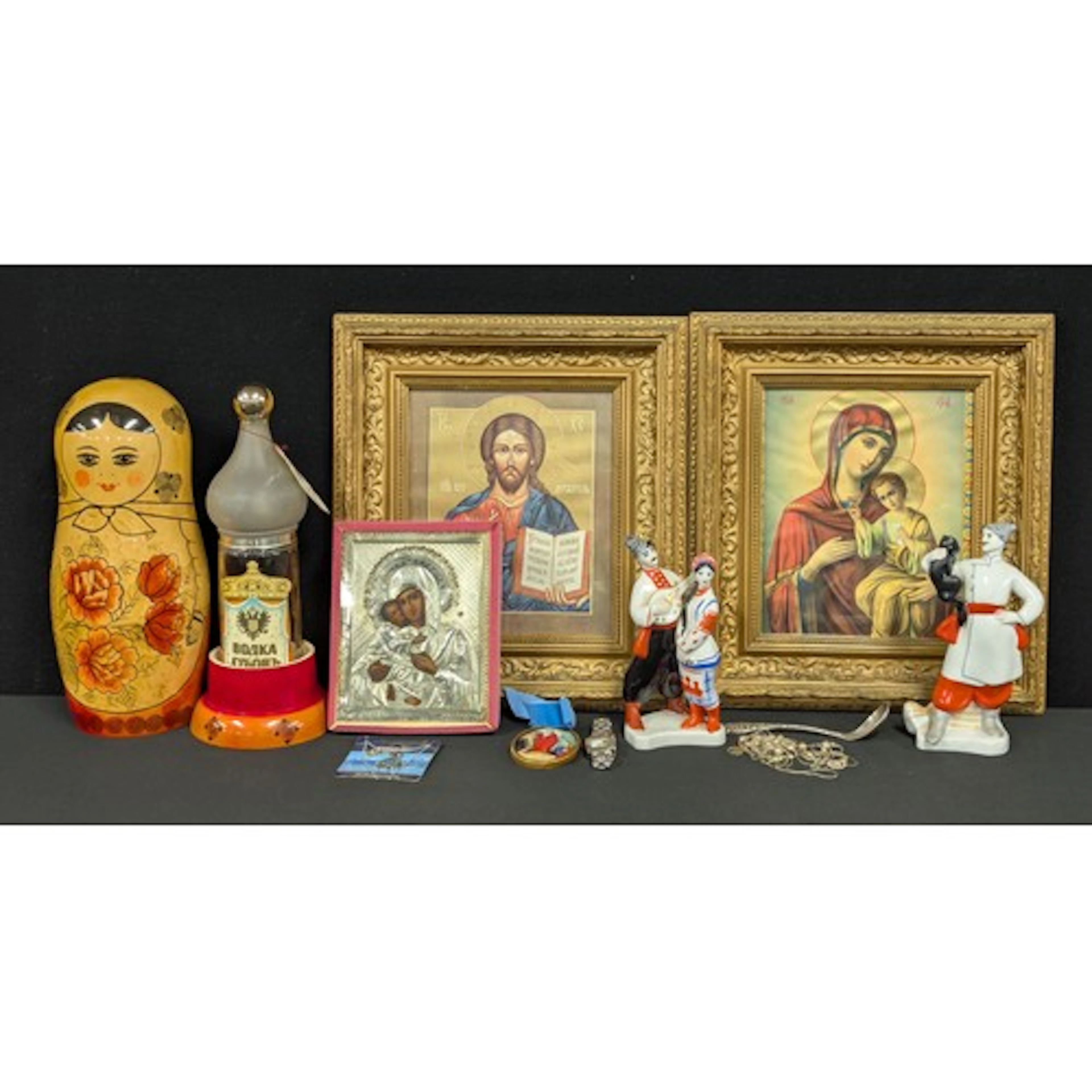 A pair of Russian ikon religious prints, gilt frames, anothe...