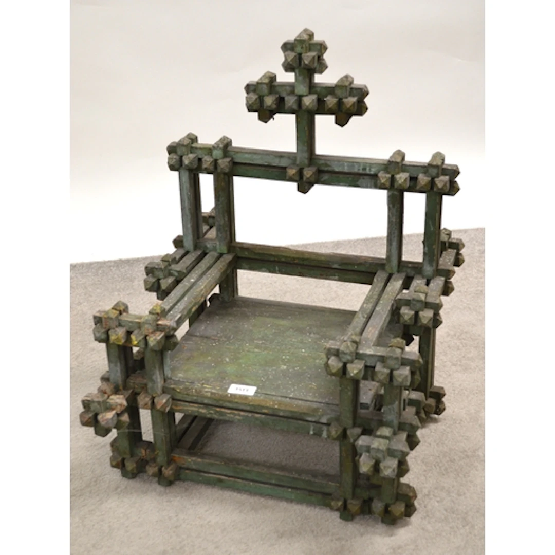 Unusual 19th Century Tramp Art type child's chair, with a cr...