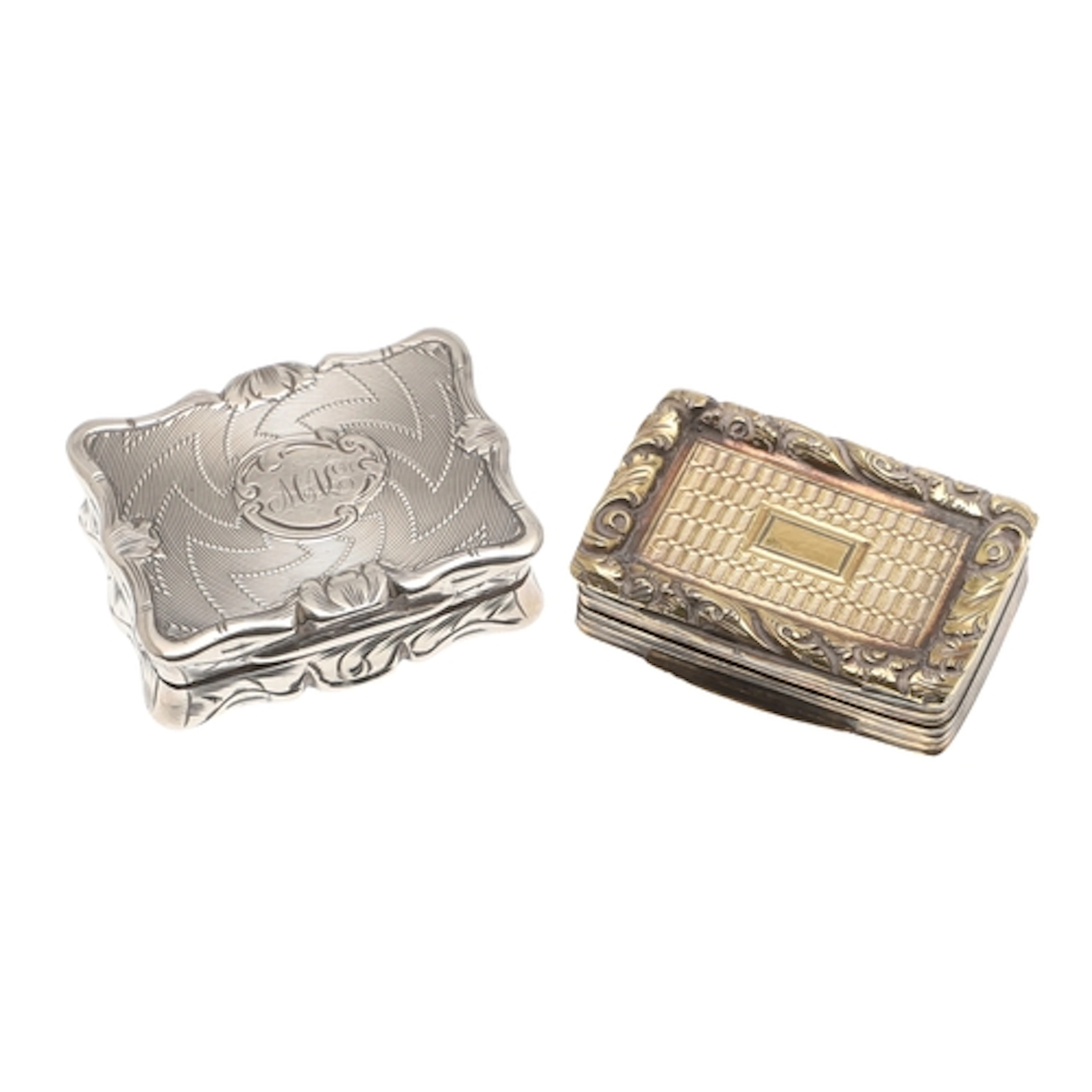 TWO 19TH CENTURY SILVER VINAIGRETTES. One silver gilt with e...