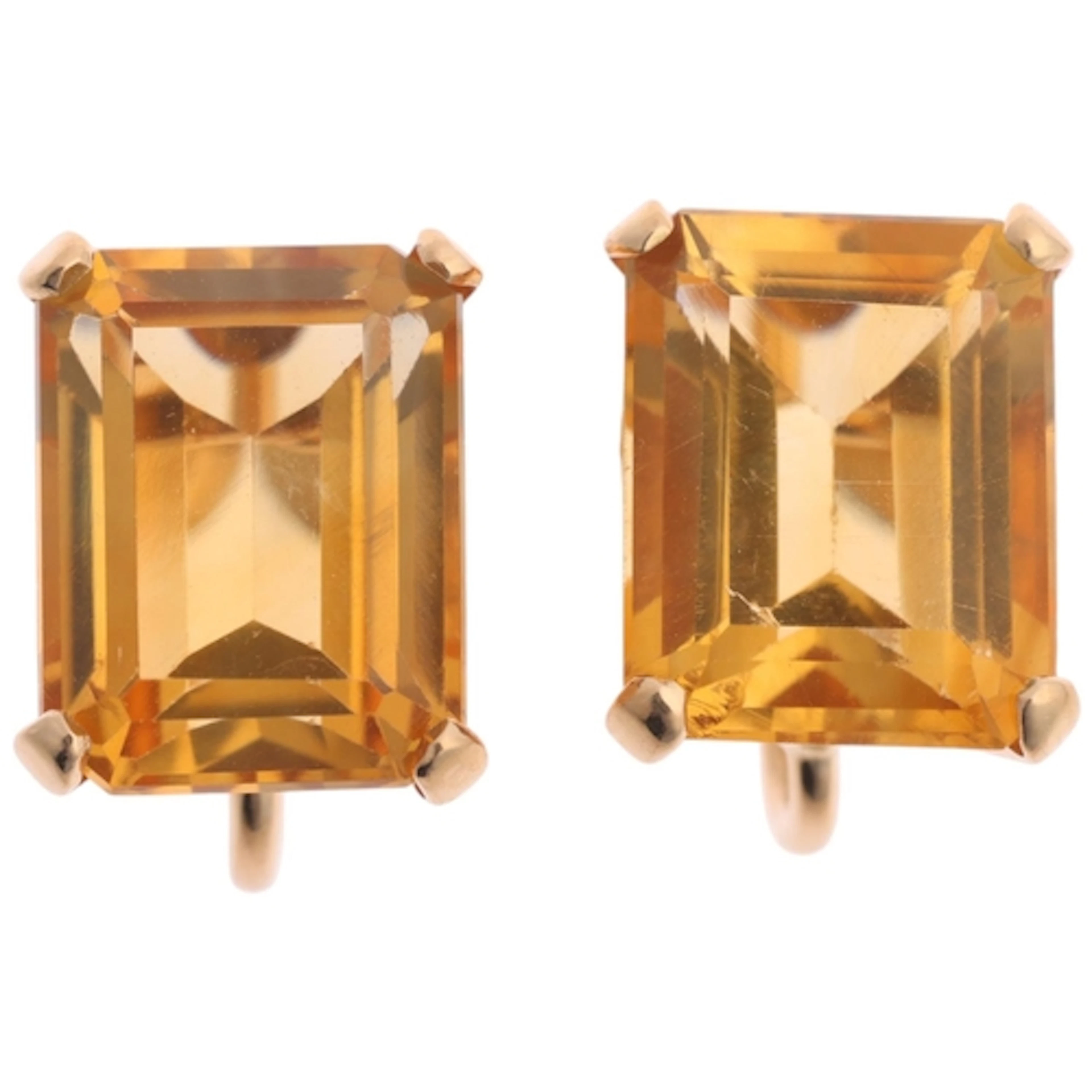 A pair of 18ct gold single stone citrine earrings, each claw...