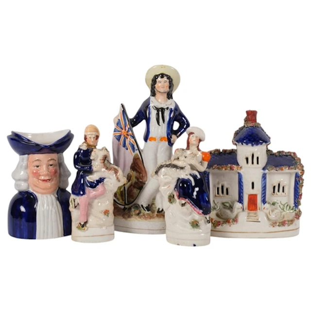 Wood & Sons Quaker jug, 3 Staffordshire figures, and a cotta...