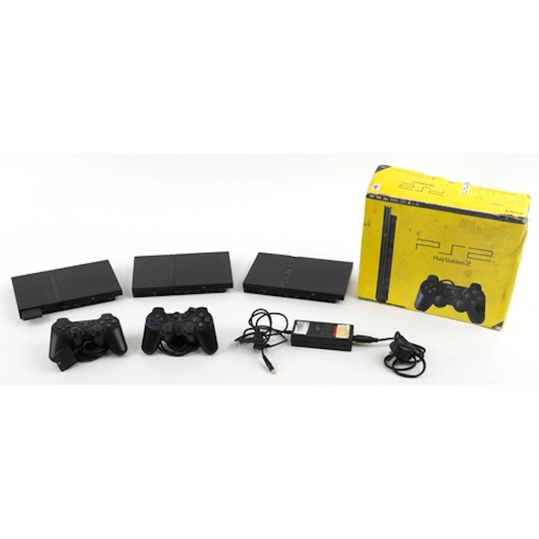 Three Sony PlayStation PS2 games consoles with two controlle...