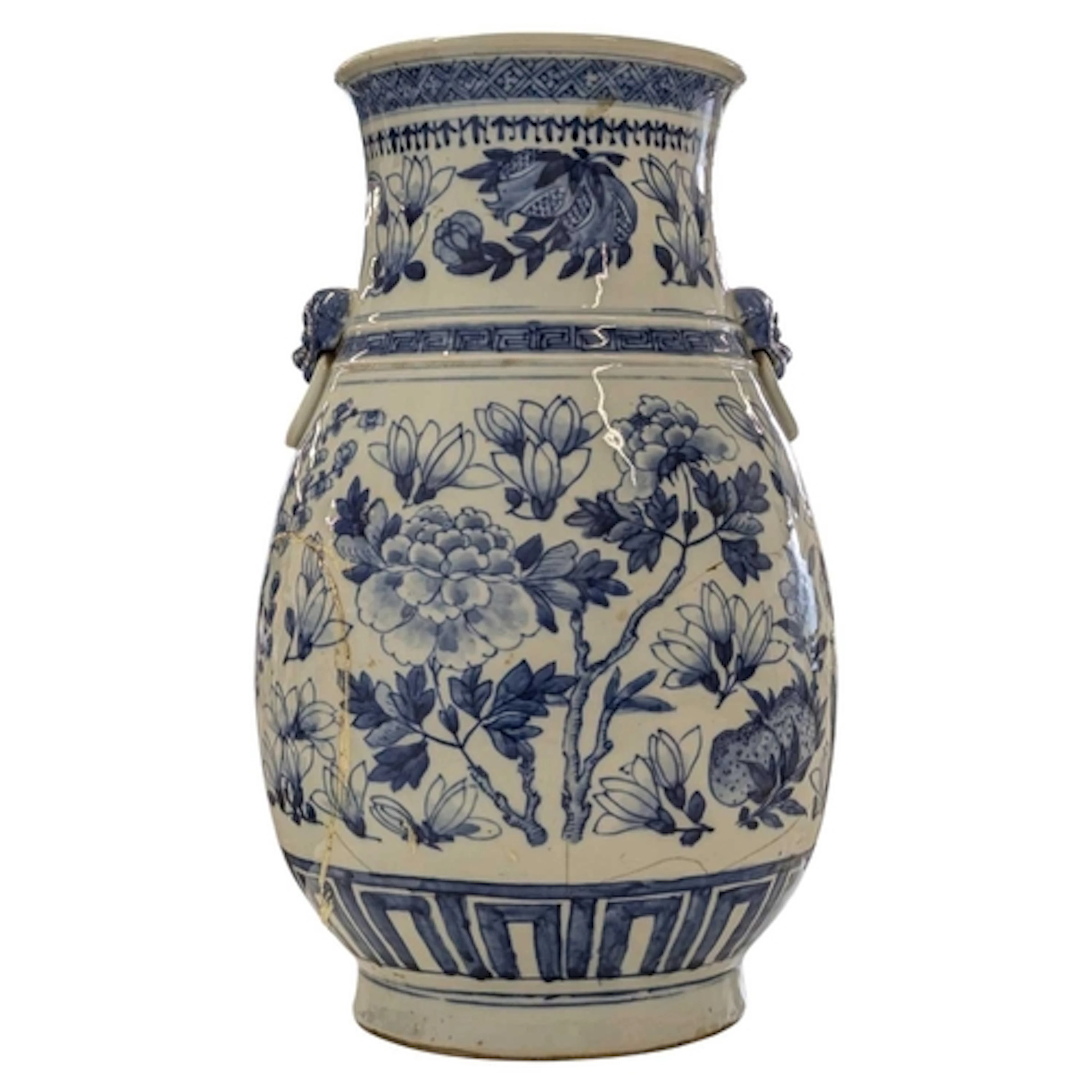 19th century Chinese large blue and white vase / urn. Flared...