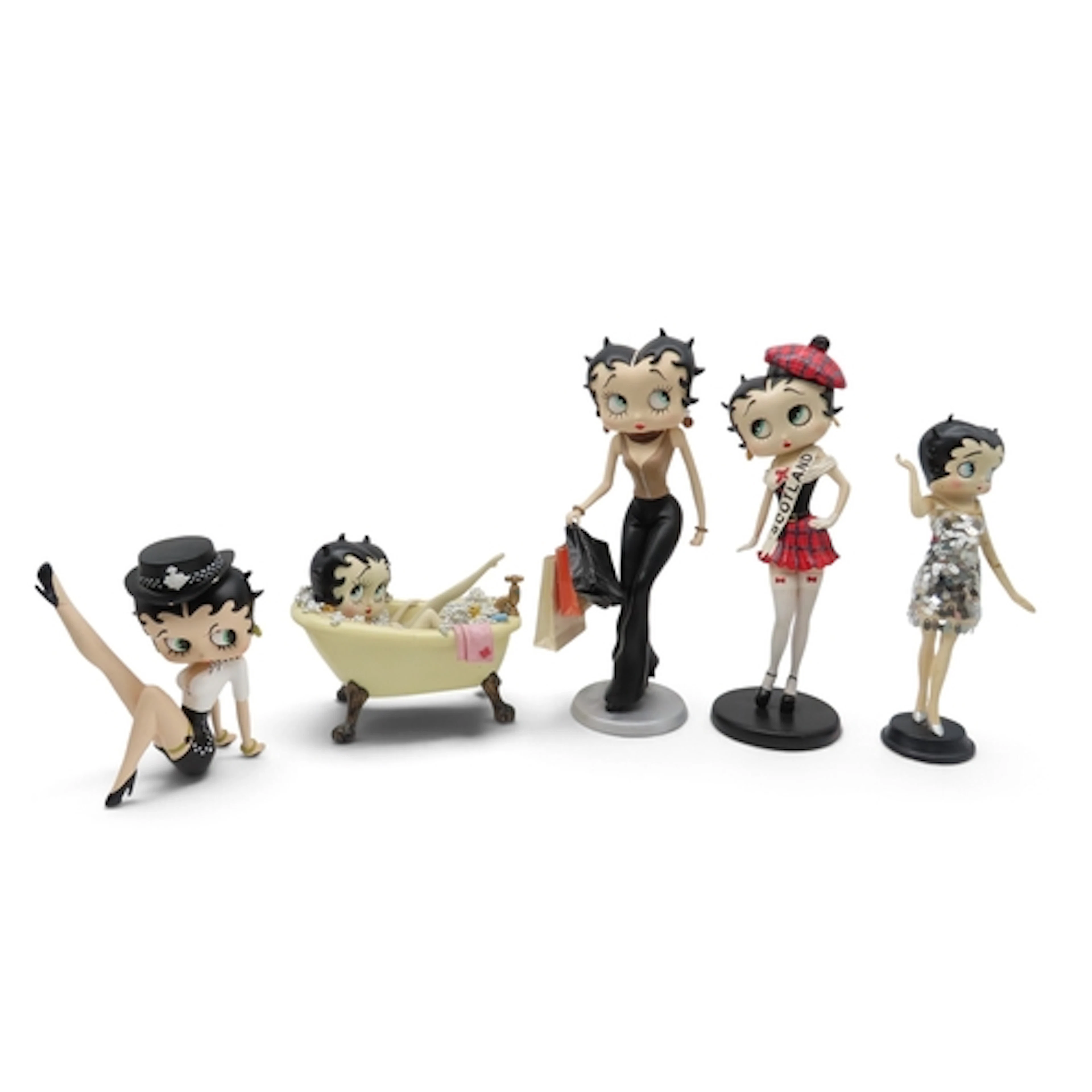 Five Betty Boop resin figures including Leg up Policewoman, ...
