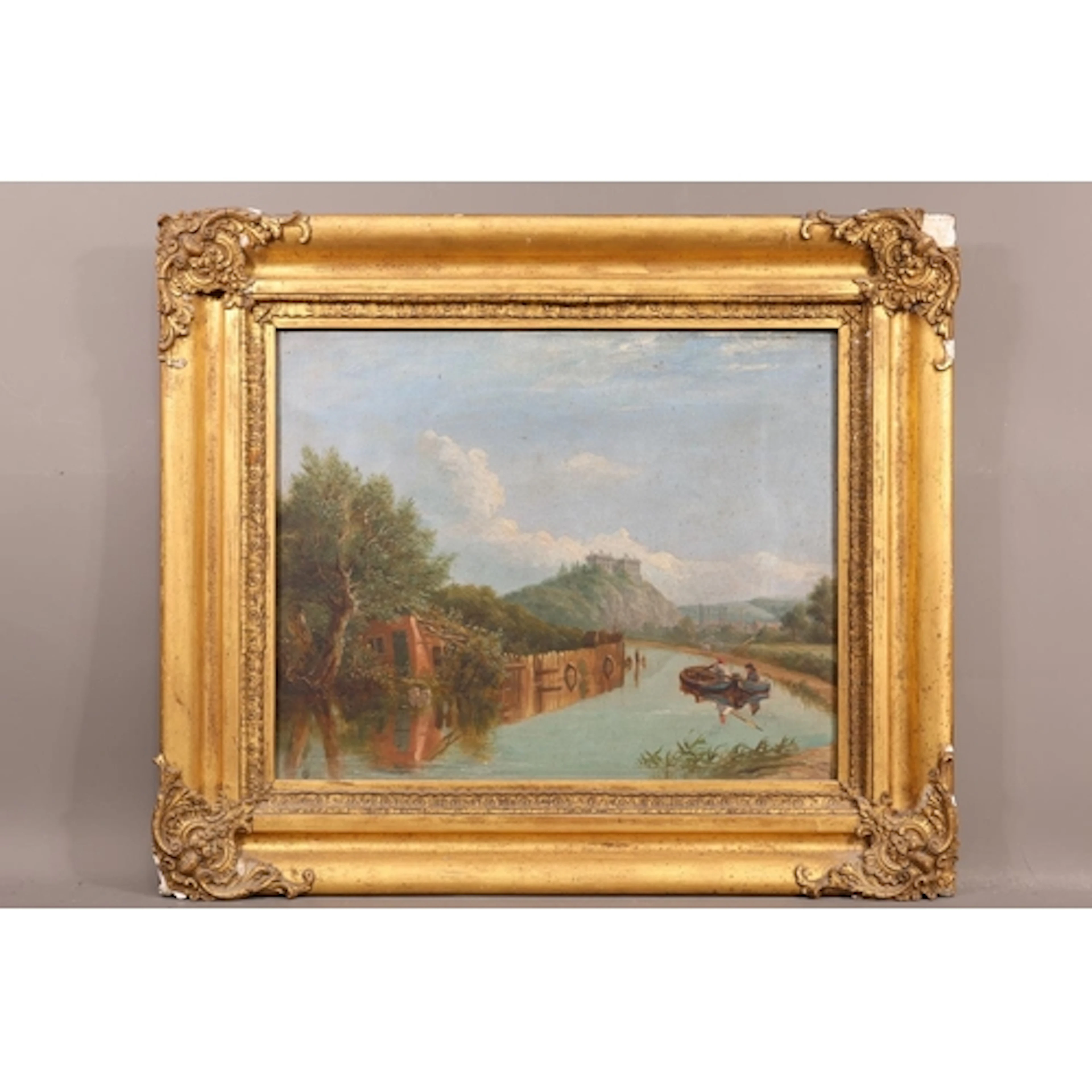 19TH CENTURY SCHOOL, figure in boat on a river with hill for...