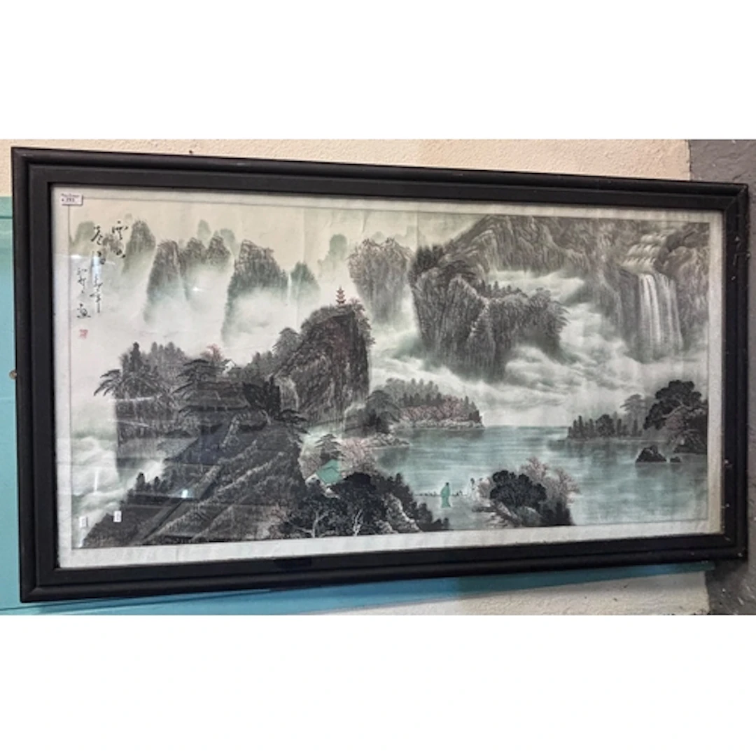 Chinese School, expansive landscape with figures, monochrome...