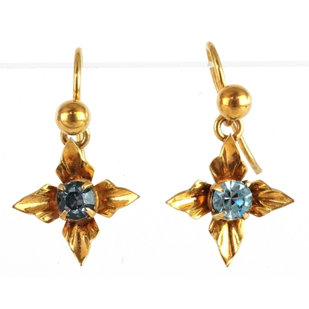 Pair of 9ct gold blue stone drop earrings, 1.3cm high, total...