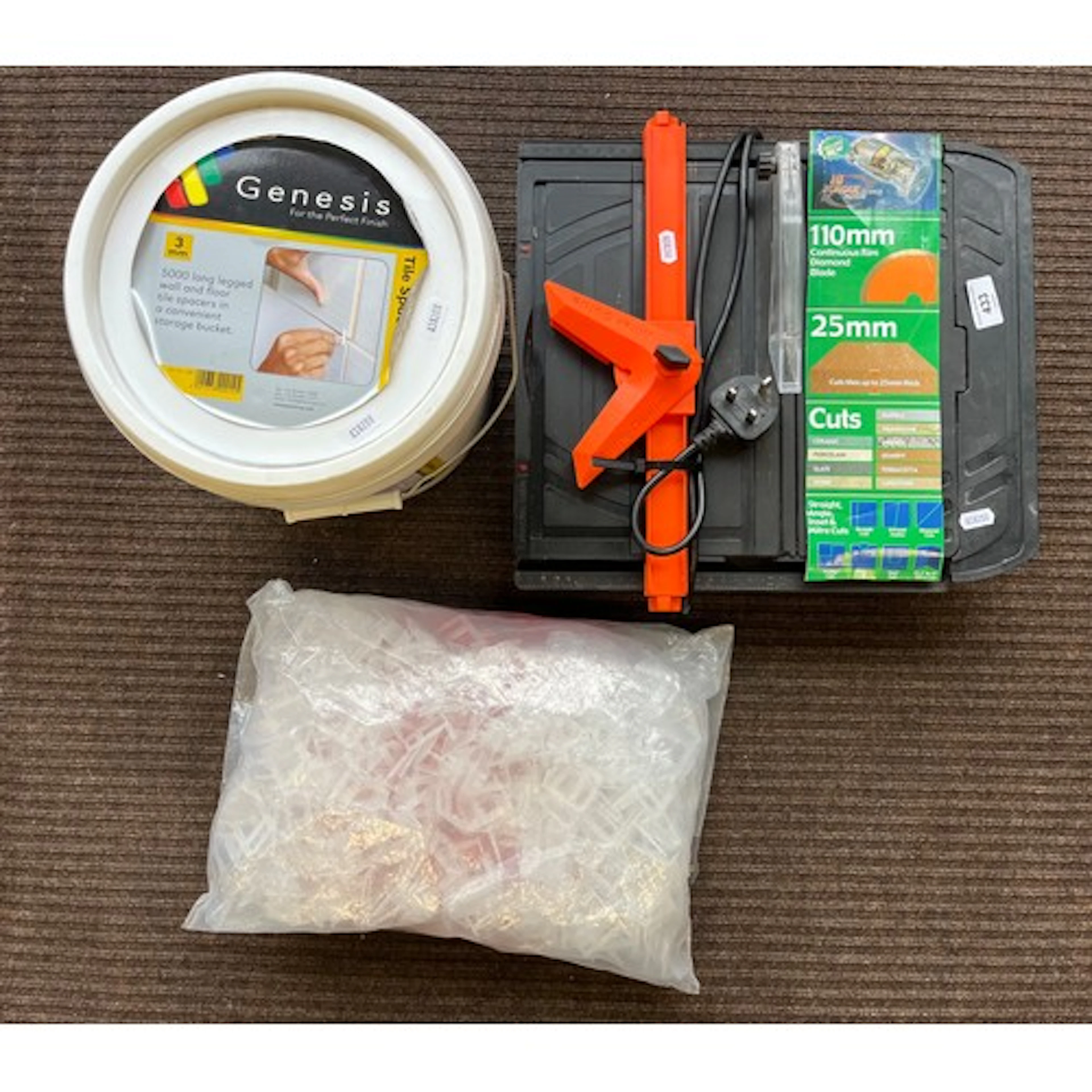 Tile cutter, tile spacers, etc.