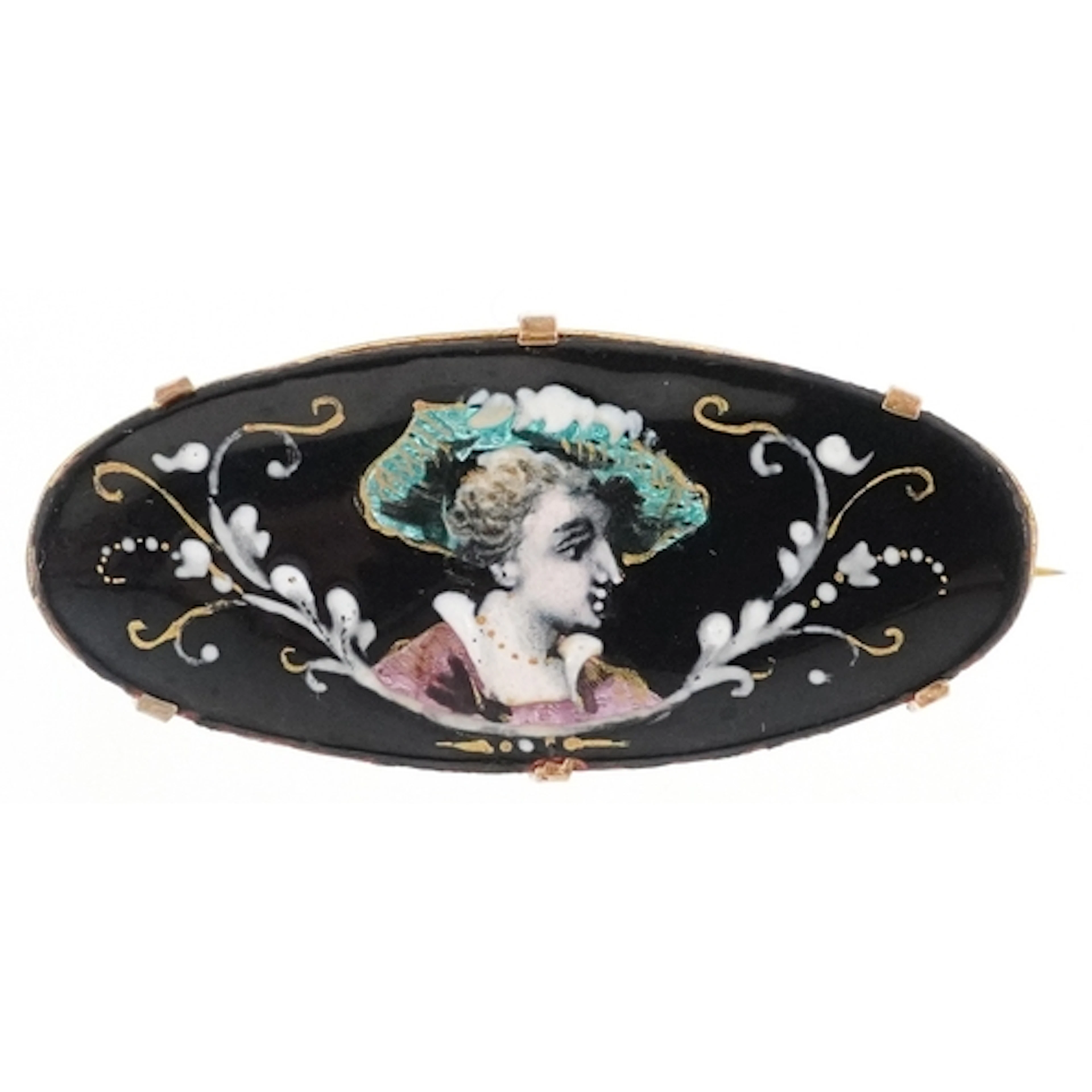 Antique Limoges style yellow metal enamelled brooch hand pai...