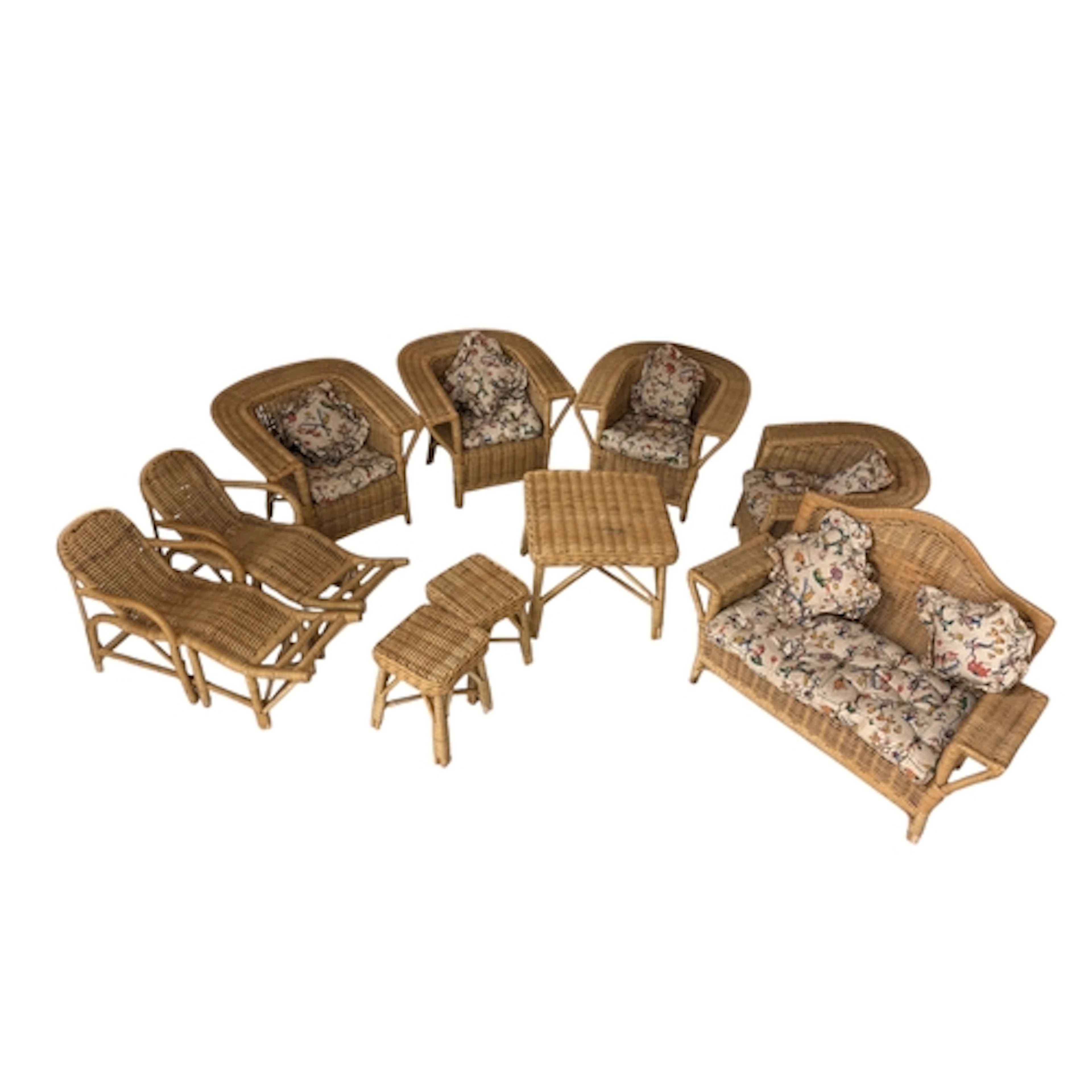 1930's South East Asian rattan doll's furniture, comprising ...