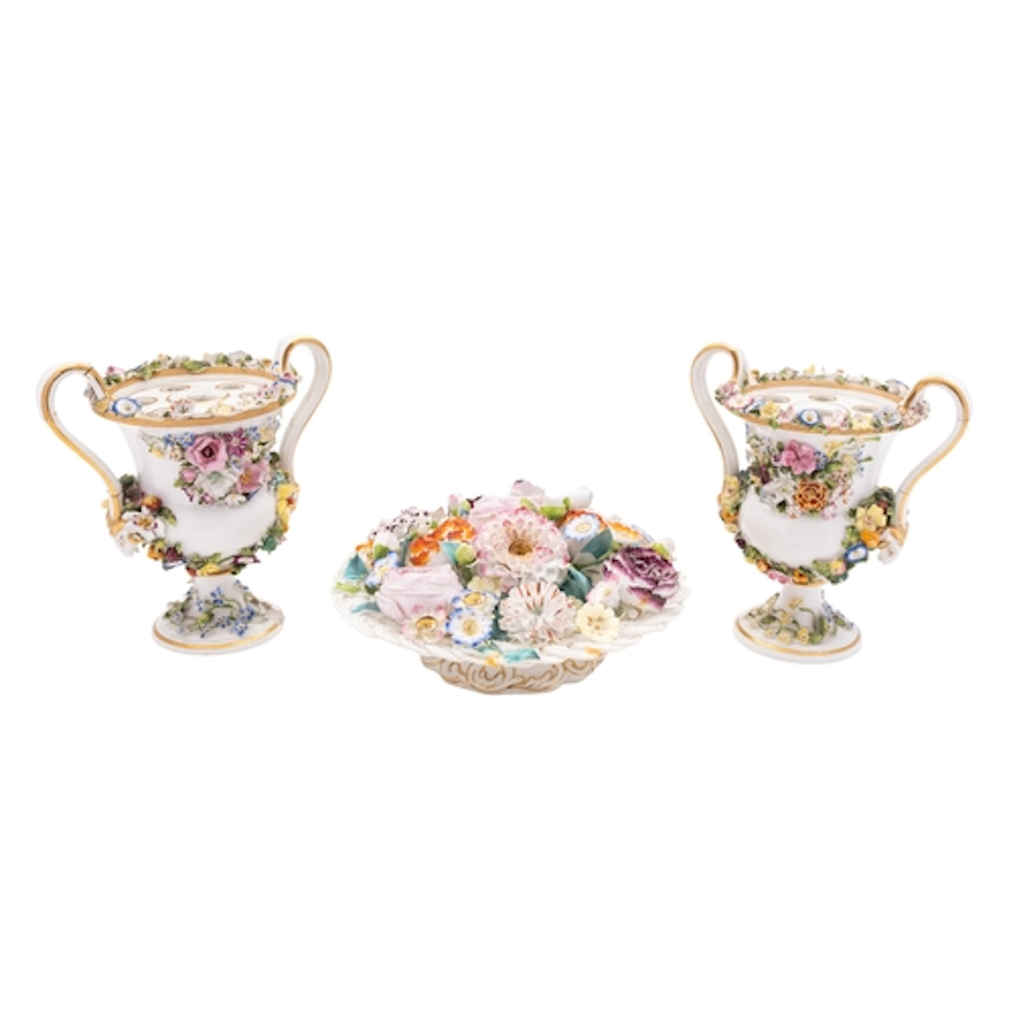 A pair of Bloor Derby pot-pourri/flower vases and liners tog...