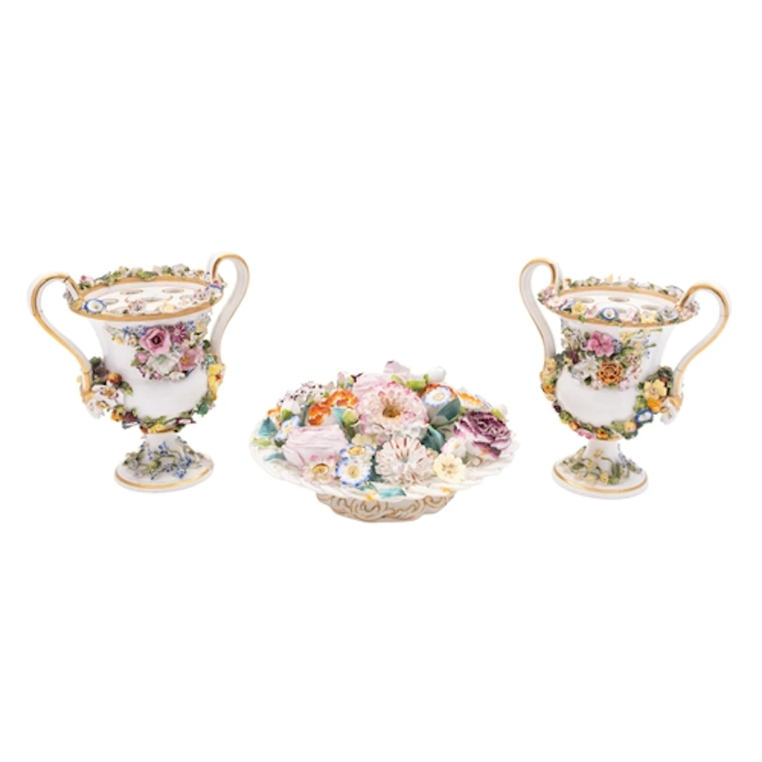 A pair of Bloor Derby pot-pourri/flower vases and liners tog...