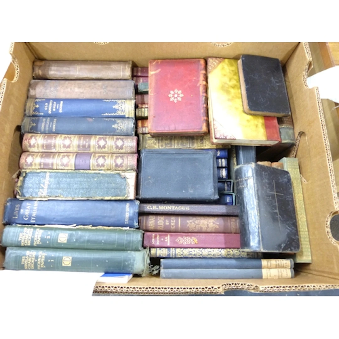 Large box of vintage books including Dickens.