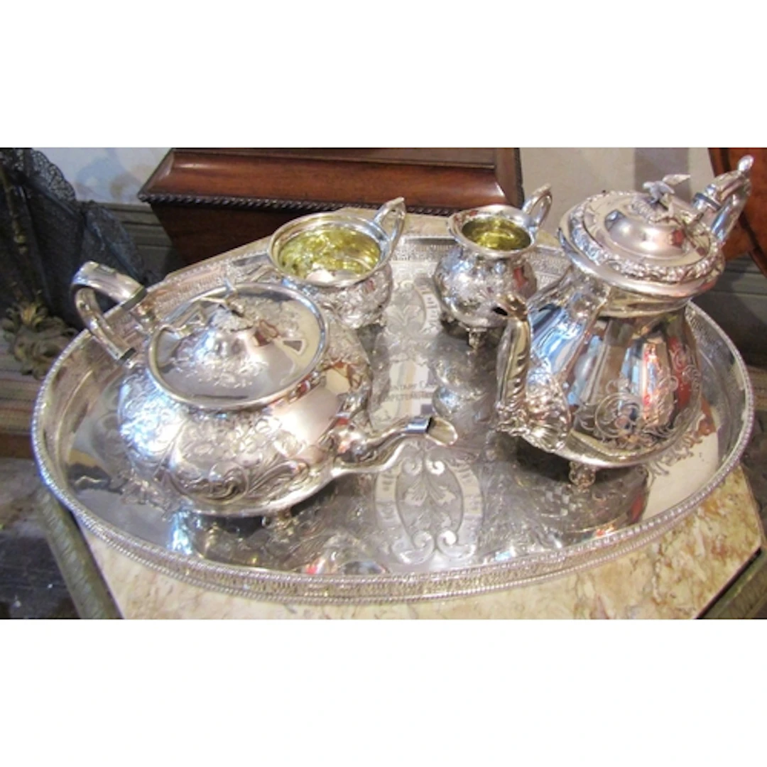 Antique Silver Plated Tea Set with Oval Form Tray Engraved D...