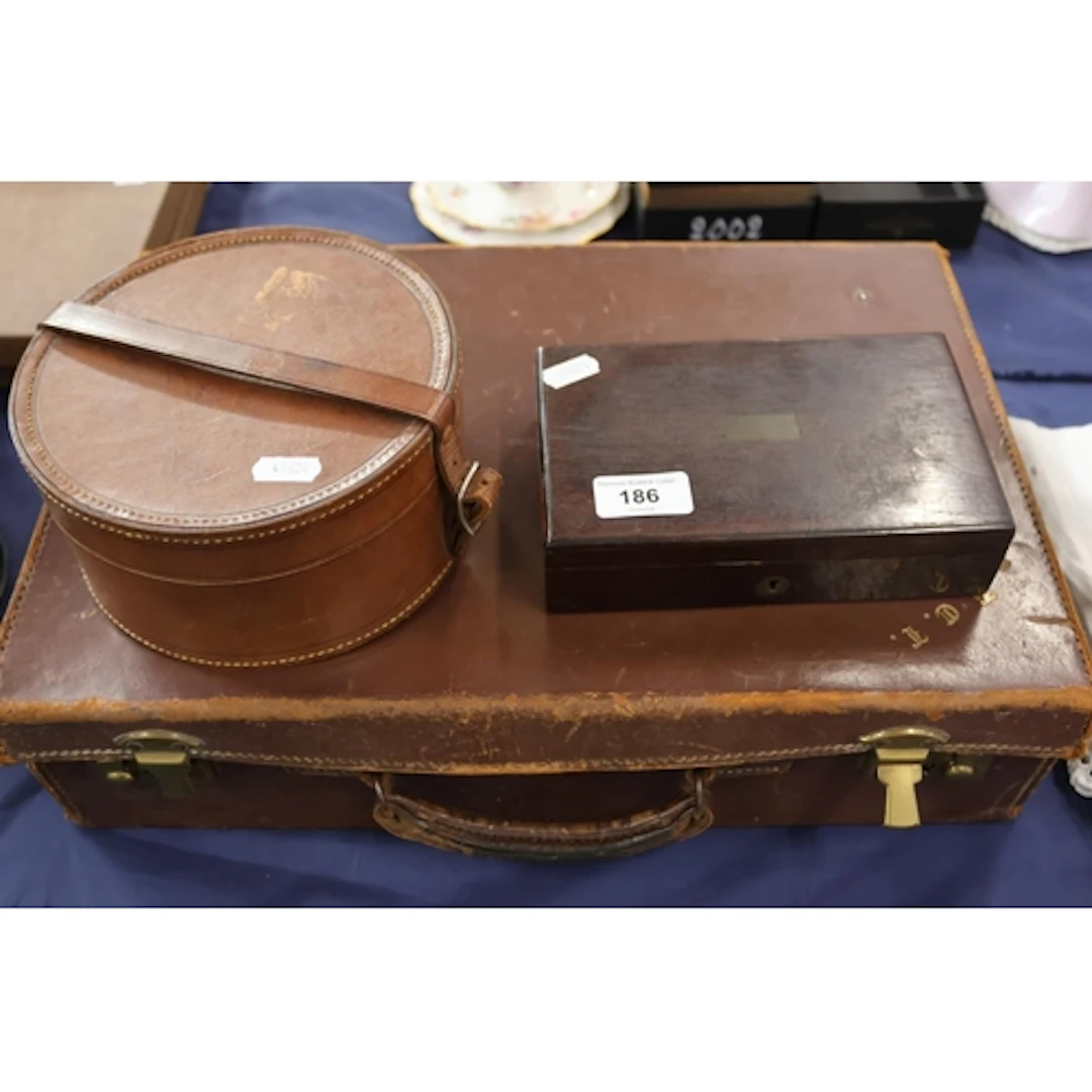 Small leather case, a collar box and a draughtsman set.