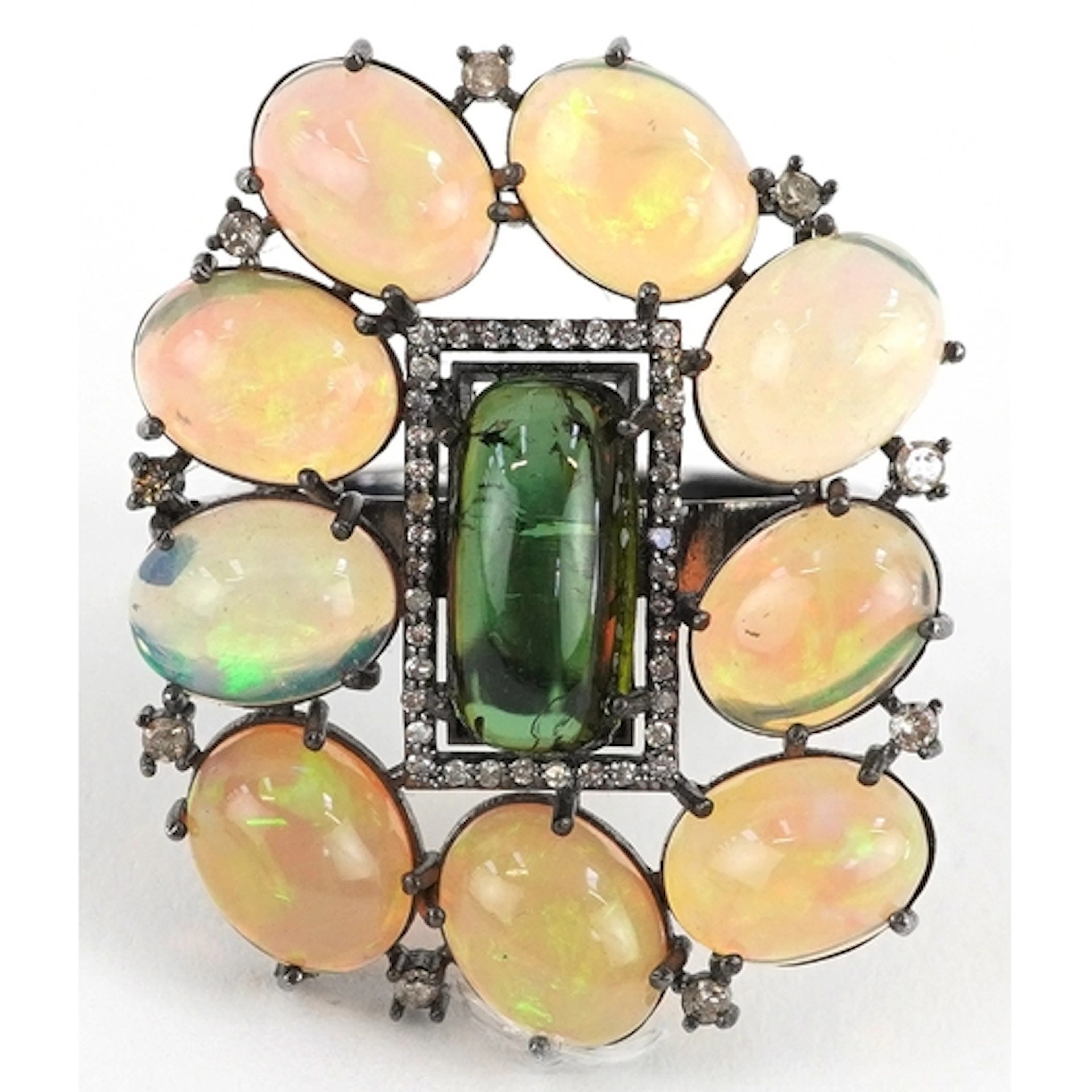 Large silver and black rhodium, green tourmaline, opal and d...