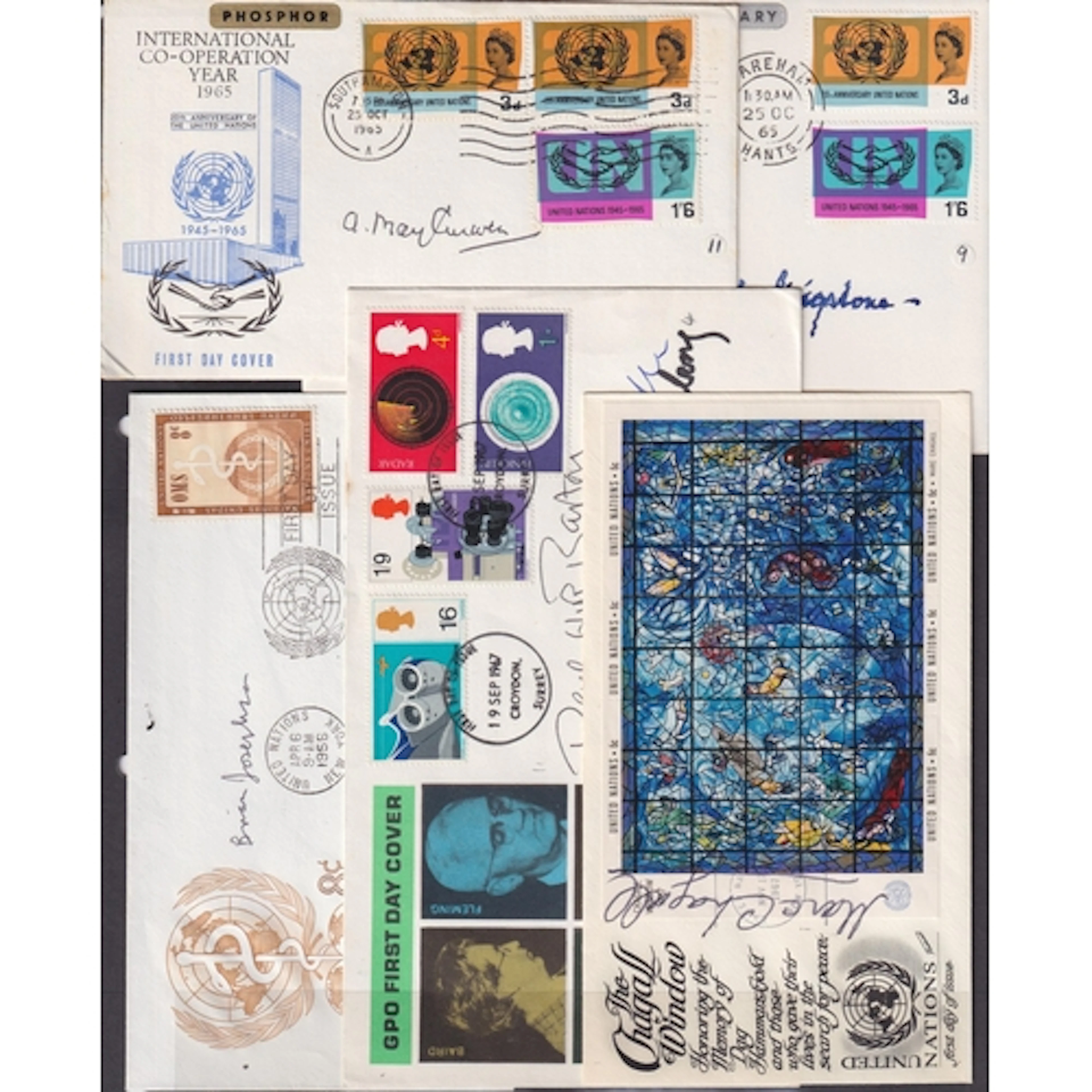 A group of five signed UN related FDCs, including 1956 multi...